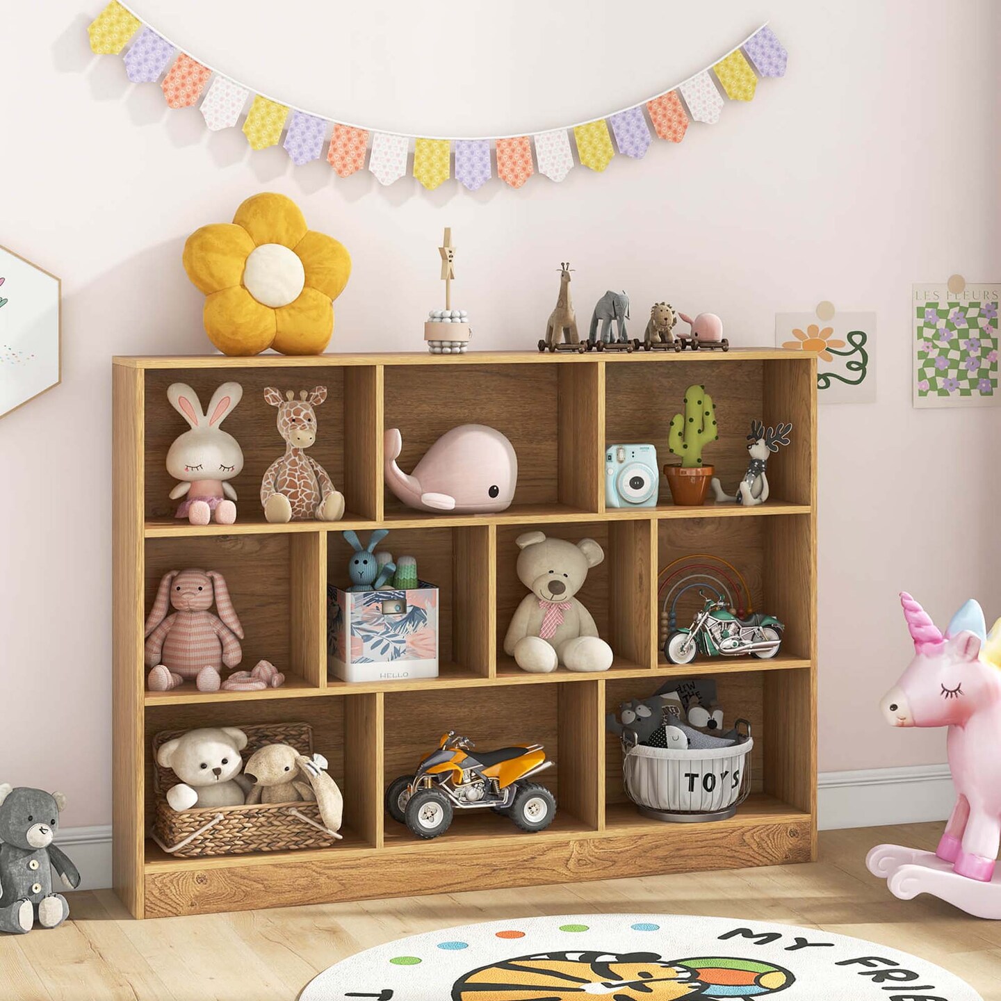 Costway 10-Cube Bookcase 41&#x22; Wooden Toy Storage Organizer for Kids Bookshelf White/Natural