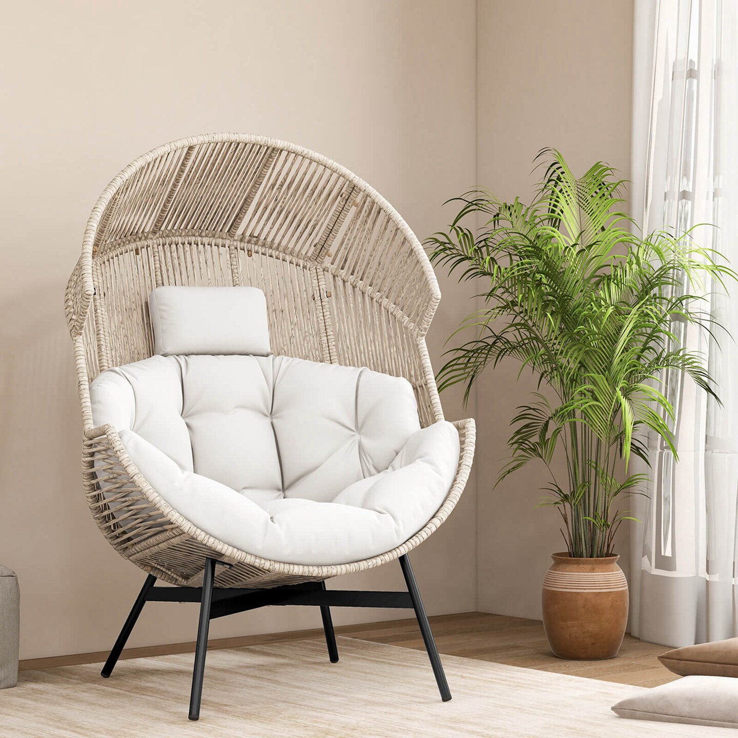 Costway Oversized Egg Style Chair with Cushions &#x26; Headrest Heavy-Duty Metal Frame for Yard Off White/Grey/Black