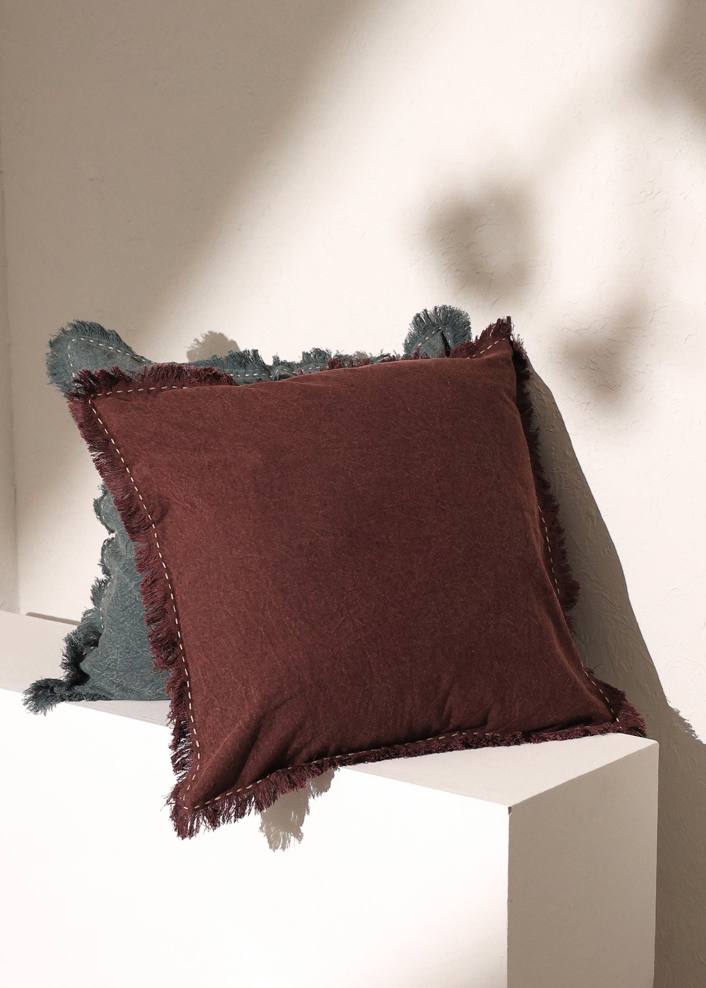 Stonewashed Linen Throw Pillow with Handworked Edges &#x26; Fringe - 22&#x22; x 22&#x22;
