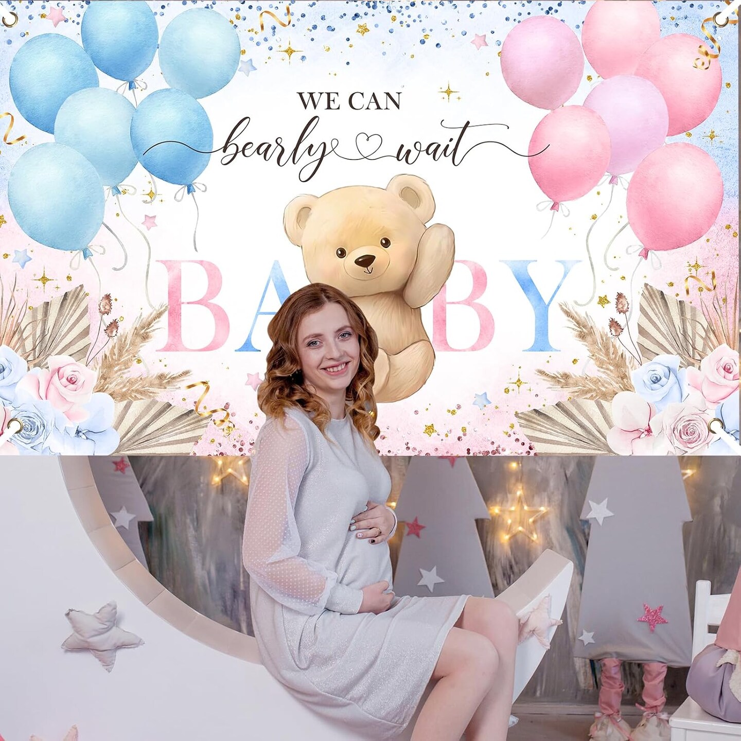 Boho Bear Gender Reveal Backdrop Banner Boho Floral We Can Bearly Wait Gender Reveal Decorations Pampas Grass He or She Baby Shower Party Decor 70.8 x 43.3 Inch