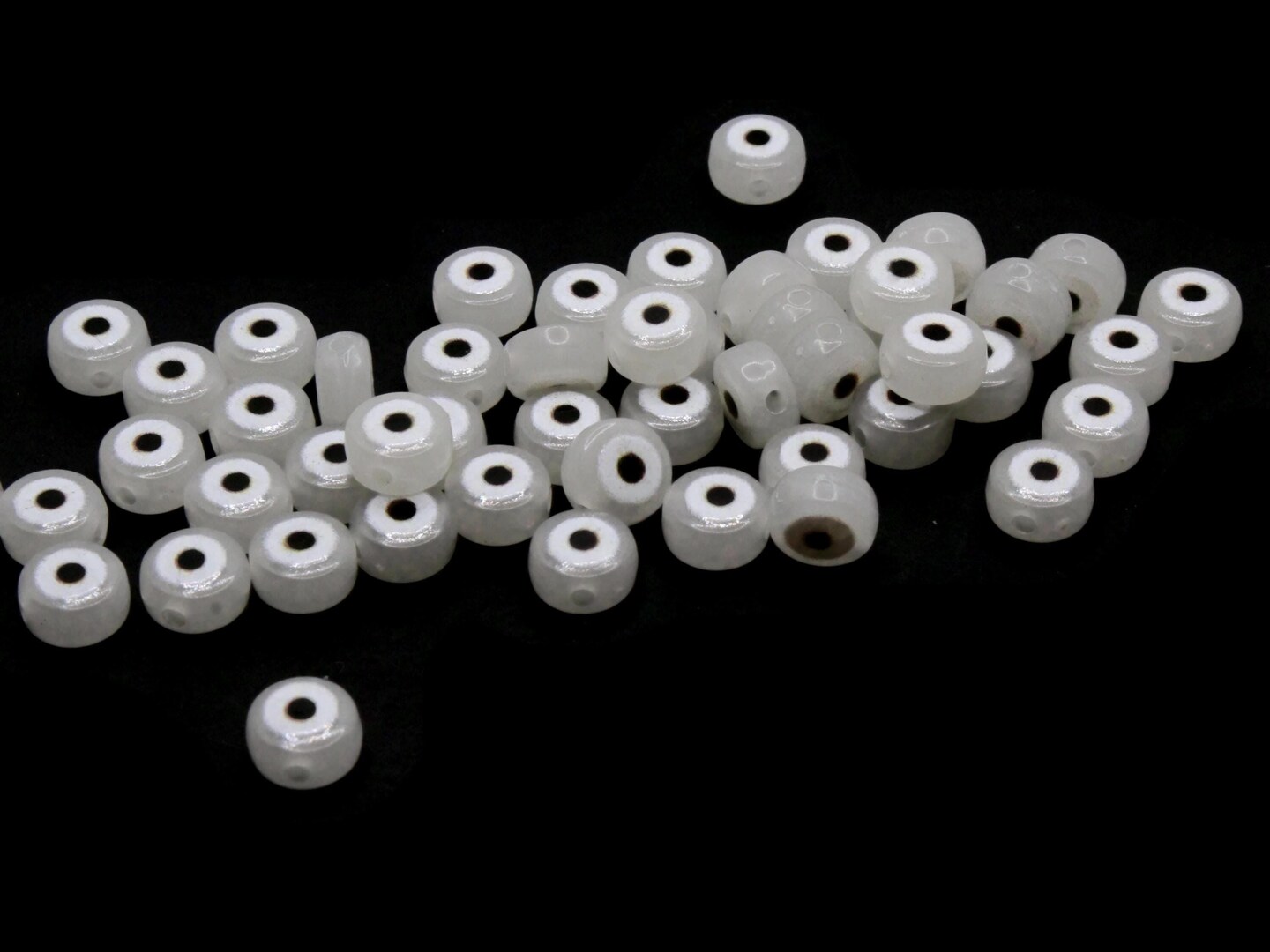 50 7mm Glow in the Dark Black and White Evil Eye Small Smooth Flat Round Disc Plastic Beads