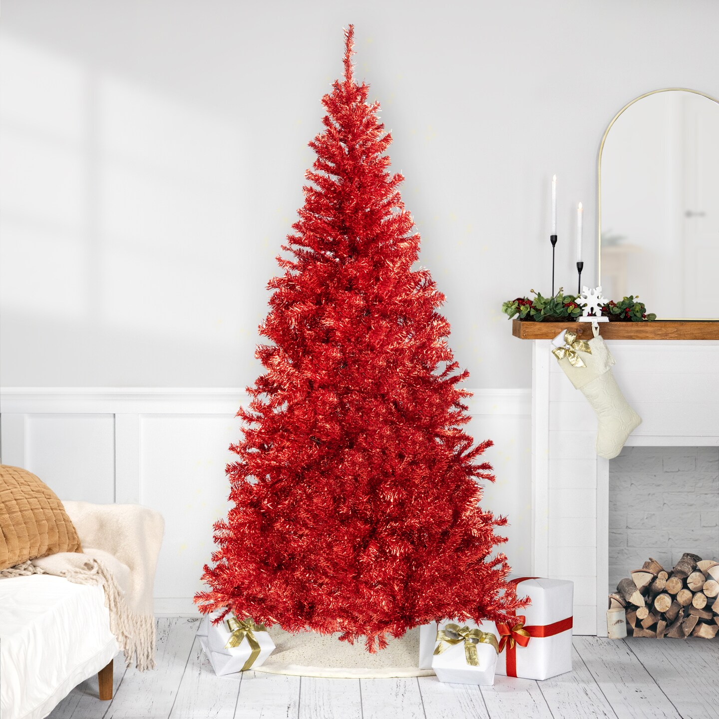 Northlight Artificial Tinsel Christmas Tree - 7' - Red - Unlit