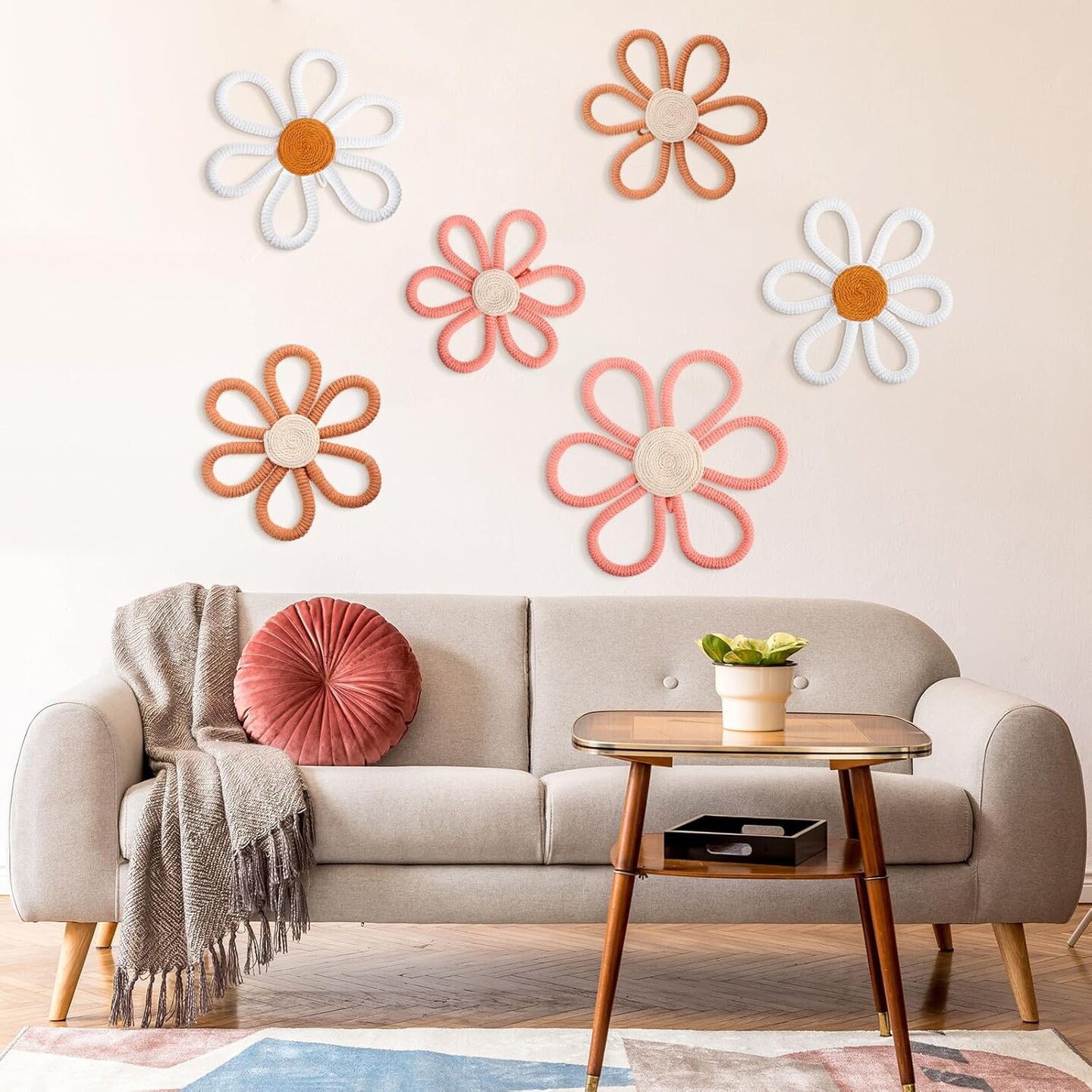 6-Piece Boho Nursery Décor – Daisy Flower Woven Macramé Wall Hangings, 3 Sizes, Pink, Brown & White, Bohemian Wall Art for Nursery, Home, or Dorm