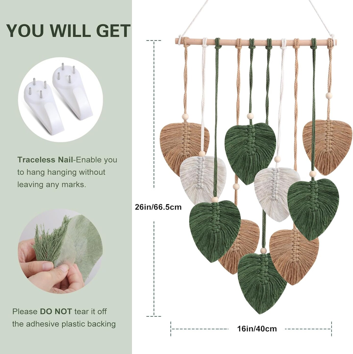 Wall Hanging Decor Leaves Tapestry, Boho Macrame Wall Hanging Tapestry Woven Feather Handmade Yarn Tassels Leaf Macrame Wall Art Decorations for Living, Bedroom, Office,Nursery,Apartment Room,16x26 Inch(Brown Green)