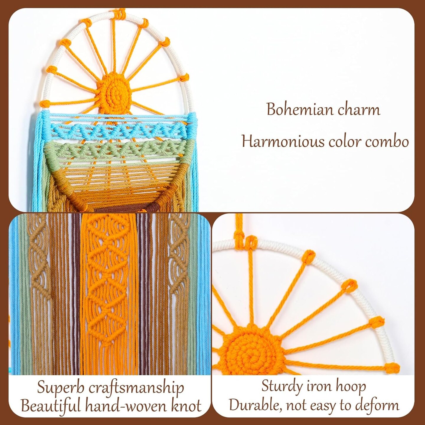 Macrame Wall Hanging Decor Boho Woven Tapestry Sunrise Dream Catcher with Colorful Tassel Sun Macrame Tapestries Wall Art Decor for Bedroom Nursery Living Room