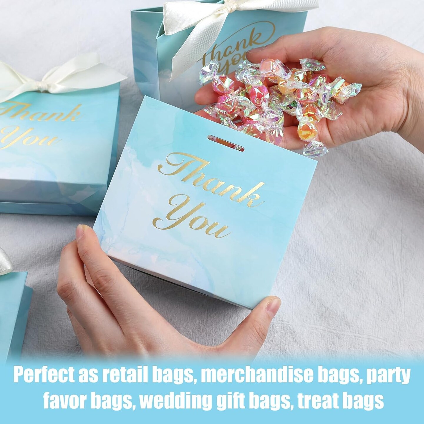 Thank You Gift Bags, Light Blue Bags with Gold Lettering and Bow Ribbon, 24 Pack, for Wedding Bridal Baby Shower Birthday