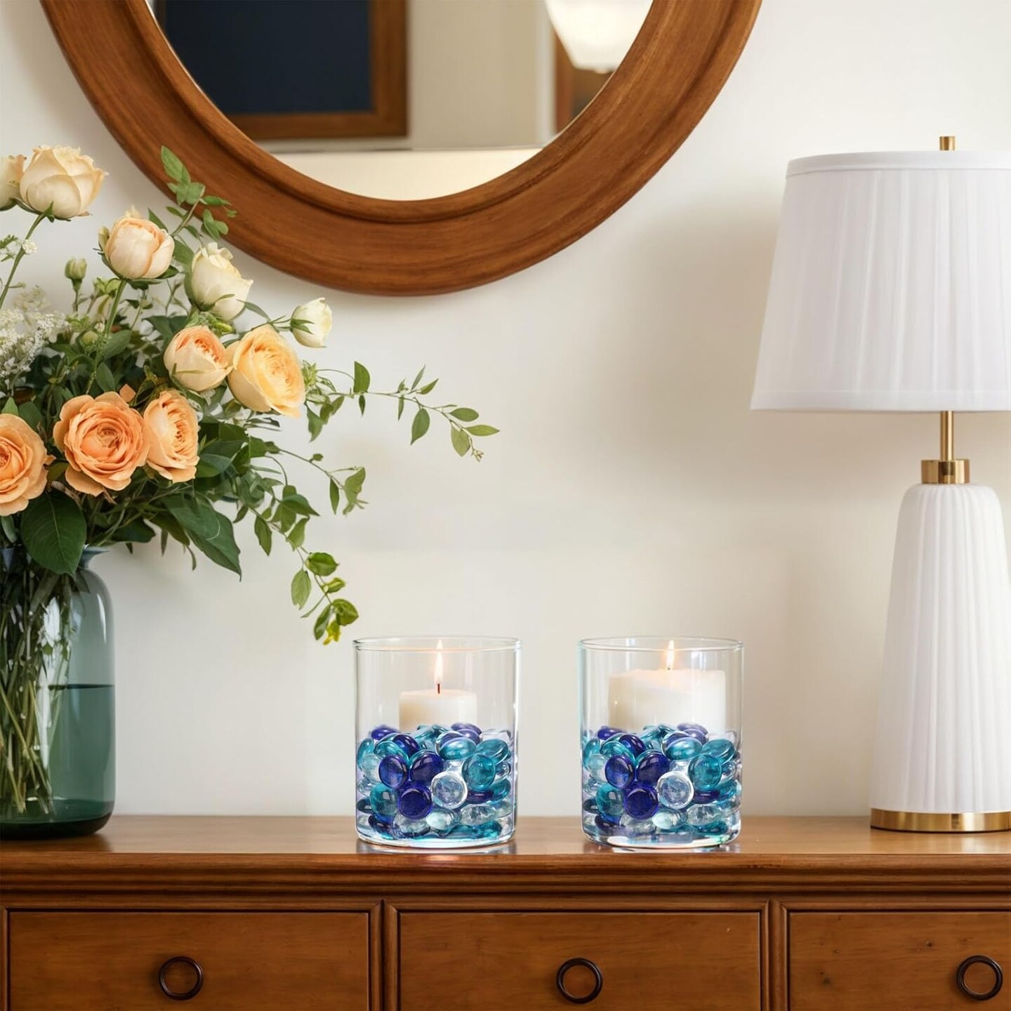 5 Lb Flat Glass Marbles, 500PCS Blue Mixed Color Flat Gems Decorative Glass Stones Vase Filler Beads Table Scatter Decor