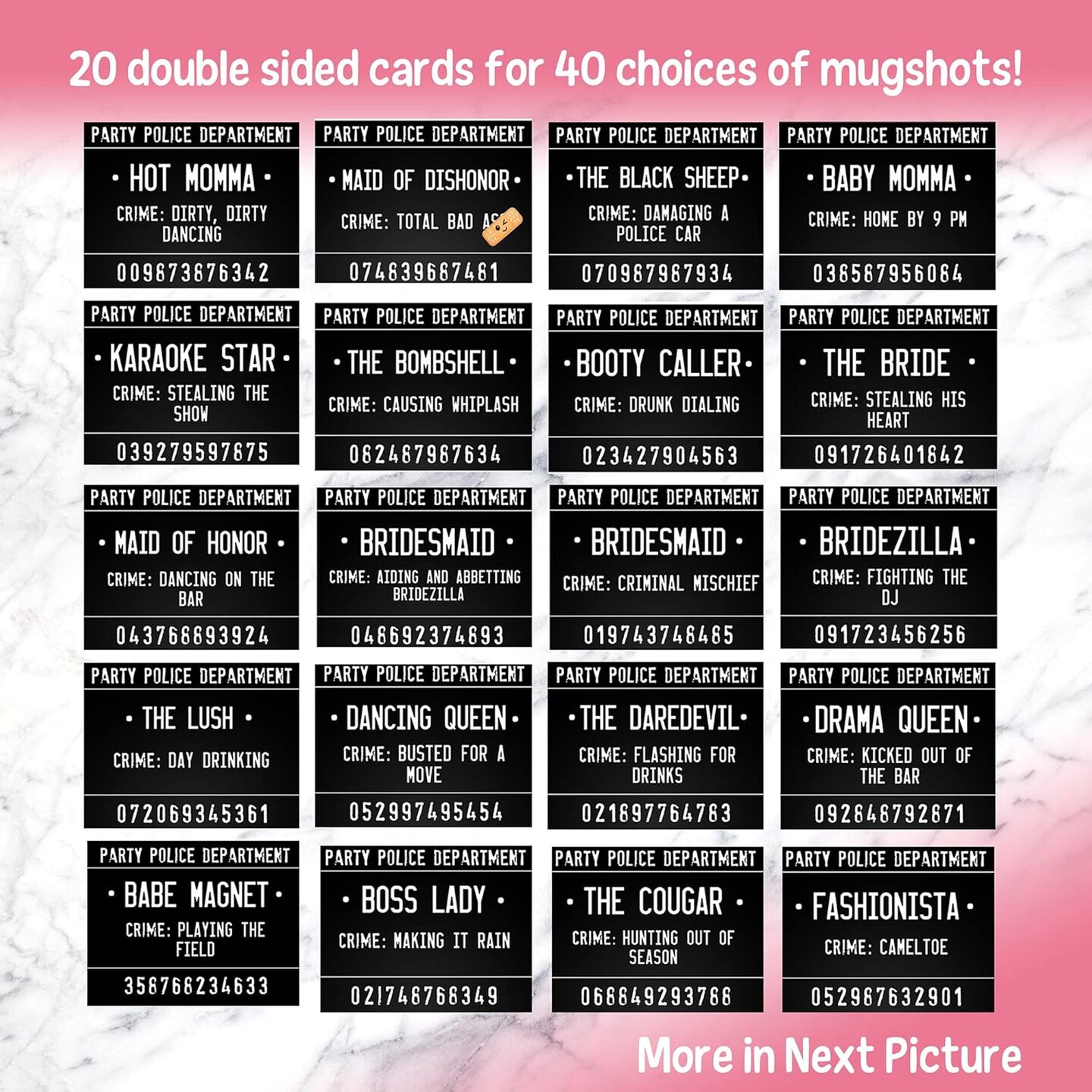 40 Unique Crimes on 20 Bachelorette Party Mugshot Signs! Game and Activity instructions included! These Photobooth Props are also a great idea for Birthdays, Girls Night Out, Stagettes and NYE! Welcome to Seller Assistant Please log in to your acco