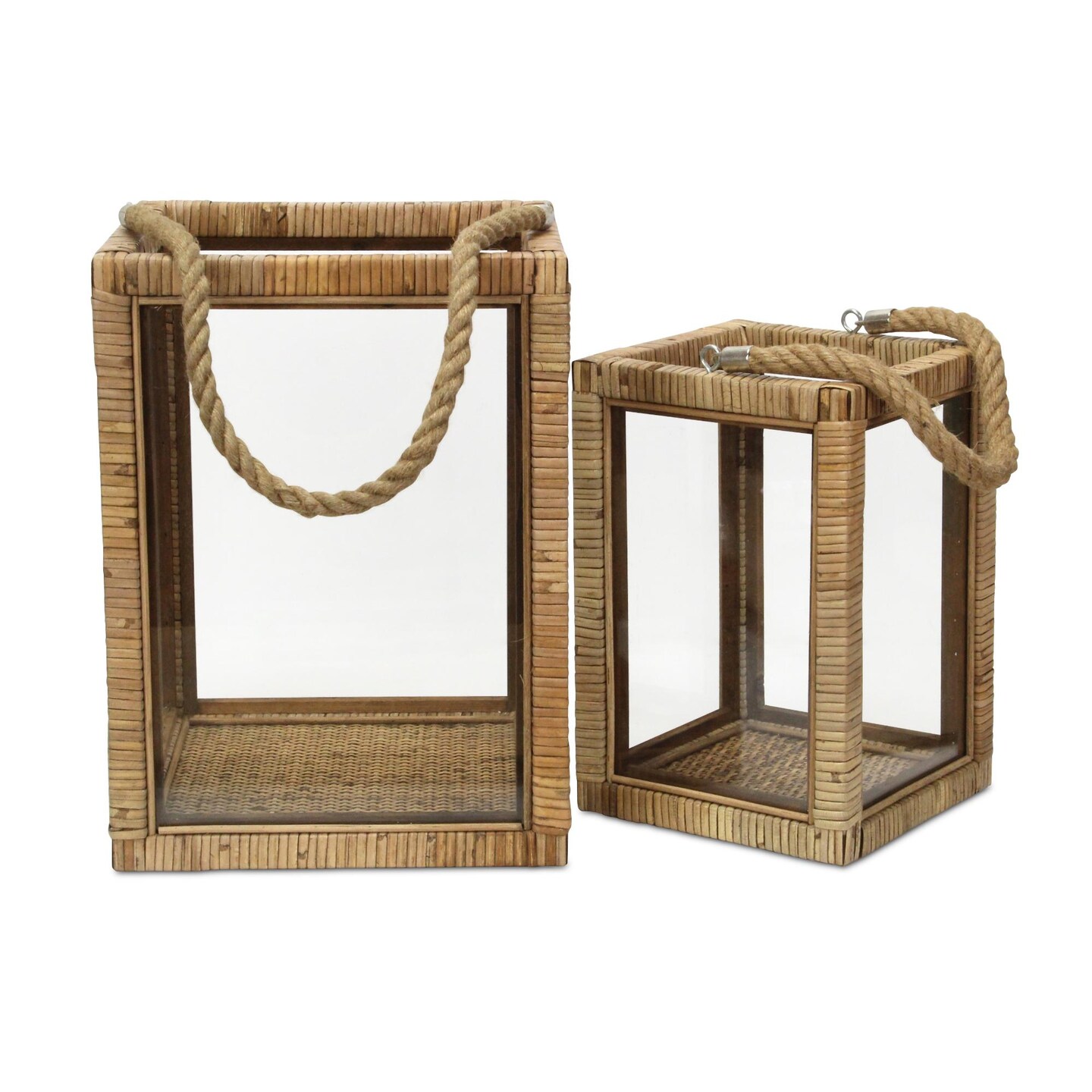 Contemporary Home Living Rattan Wrapped Wooden Candle Lantern - 15&#x22; - Set of 2