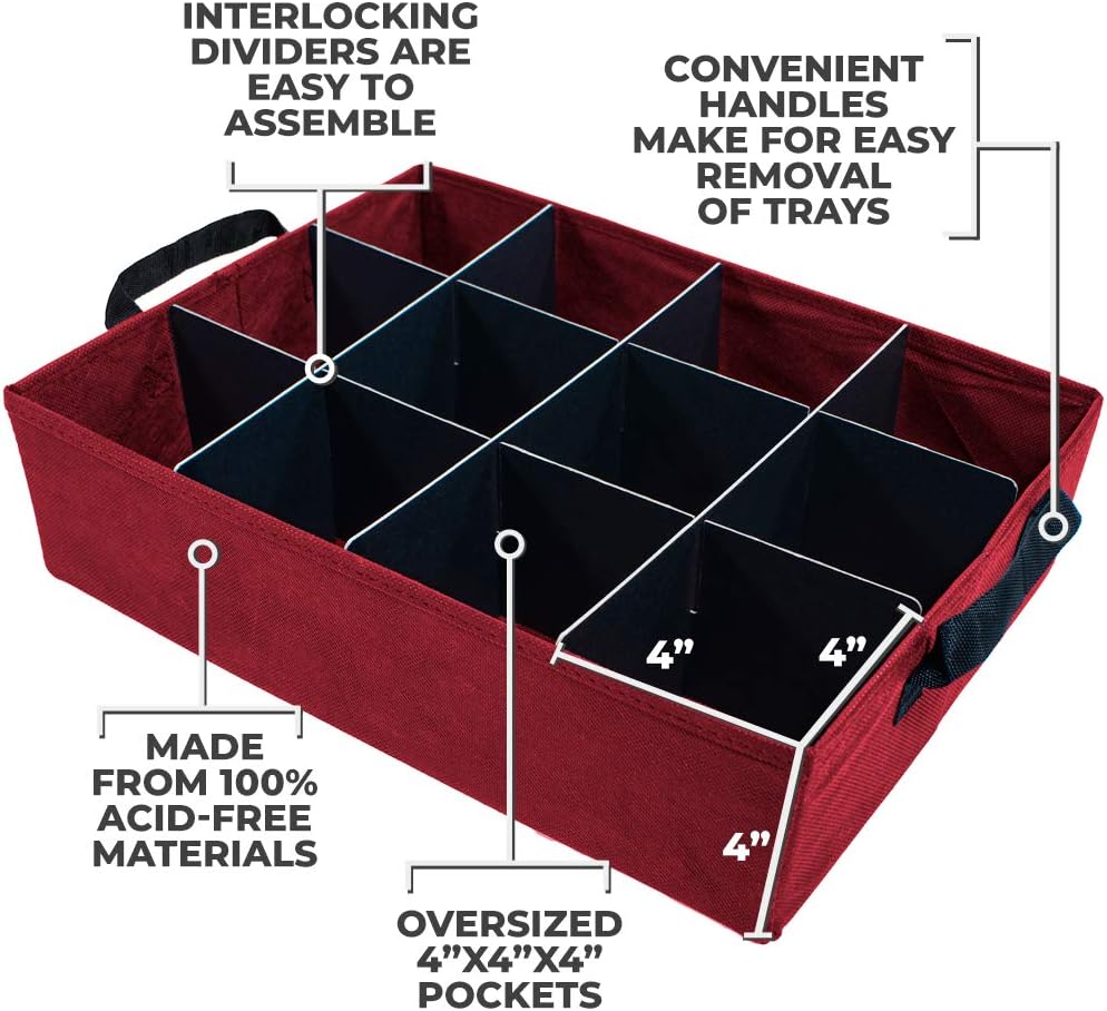 Christmas Ornament Storage Box with Adjustable Acid-Free Dividers, 3 Removable Trays with Handles, 17 Inch x 13 Inch x 13 Inch, Holds 36-4 Inch Ornaments