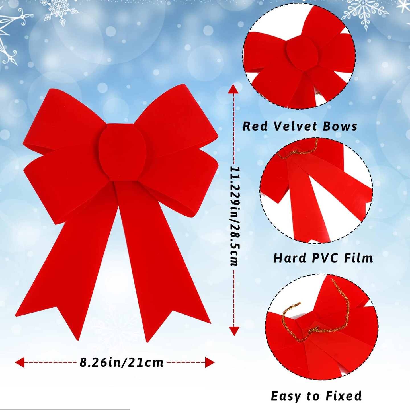 6PCS Large Red Christmas Bows,11 x 8 Inches PVC Velvet Christmas Wreath Bows for Xmas Tree Party Decoration