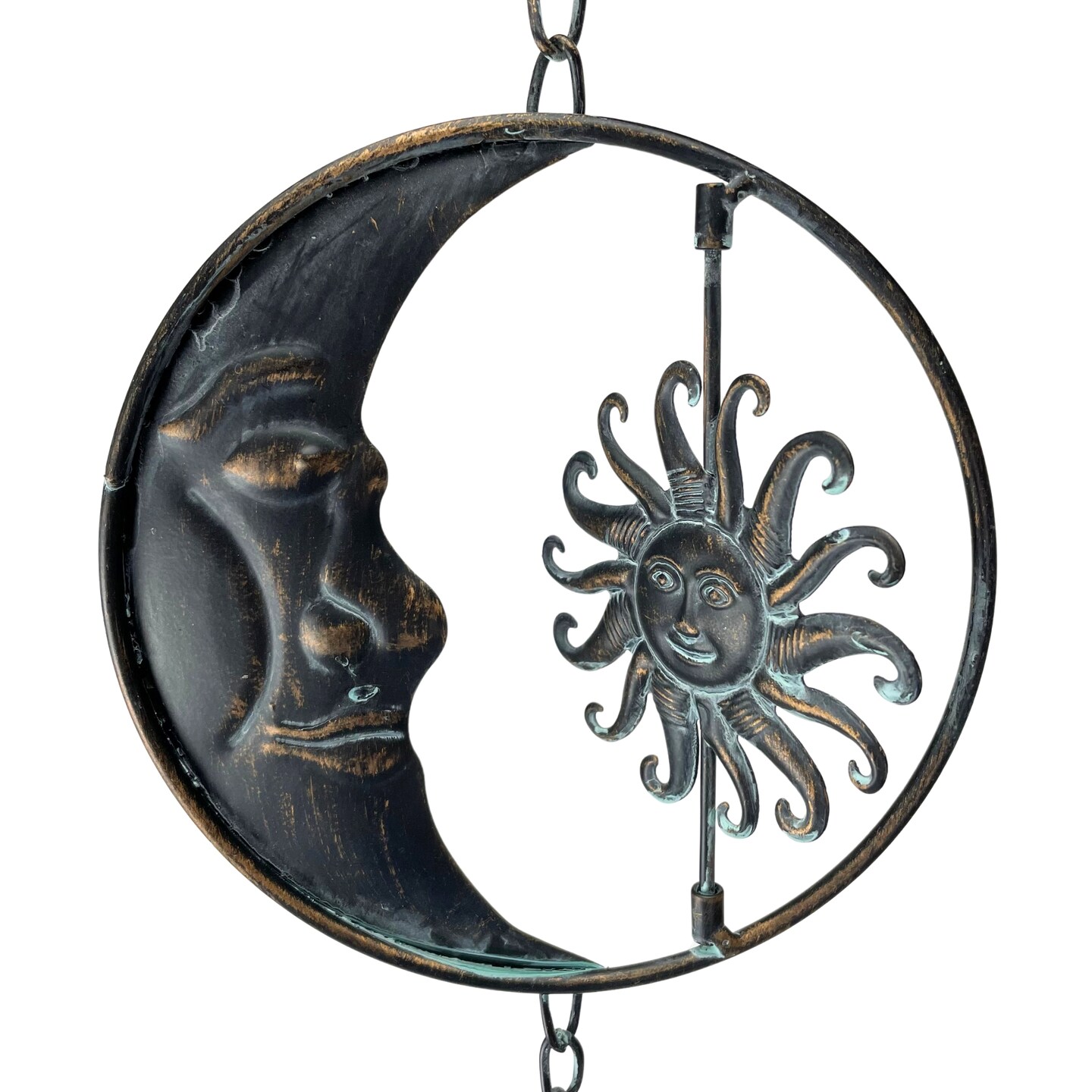 80-Inch Metal Rain Chain - 6 Celestial Crescent Moon &#x26; Suns, Aged Finish