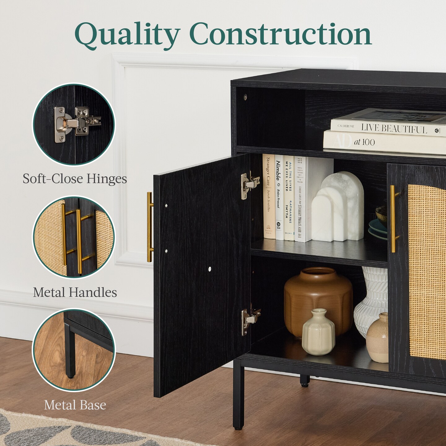 Best Choice Products Arched 2-Door Rattan Cabinet, Sideboard, Buffet, w/ Cord Cutout, Adjustable Storage Shelf