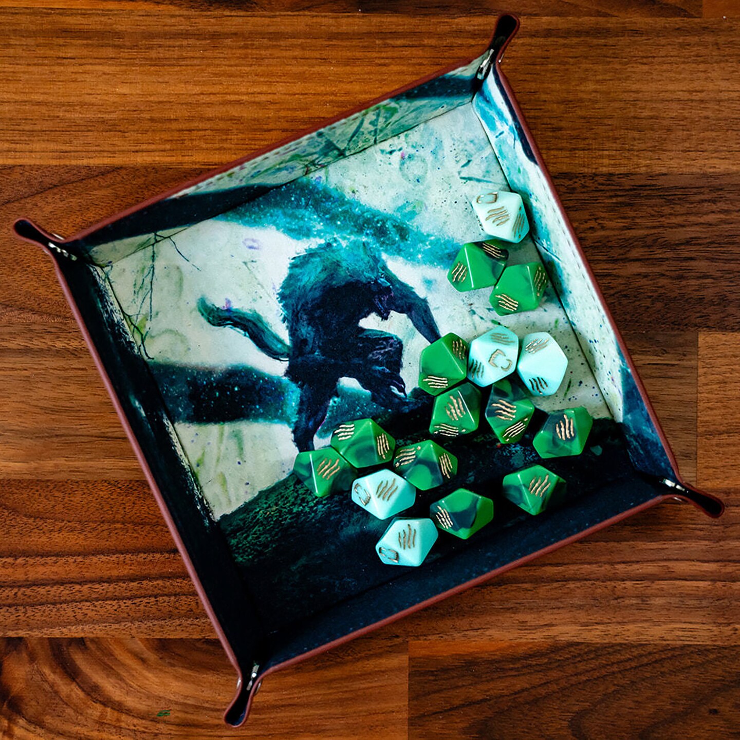 Werewolf: The Apocalypse 5th Edition Roleplaying Game Luna&#x2019;s Fury Limited Dice &#x26; Tray Accessory Pack - 17 Green RPG Dice Set, 5 Cards &#x26; Folding Tray