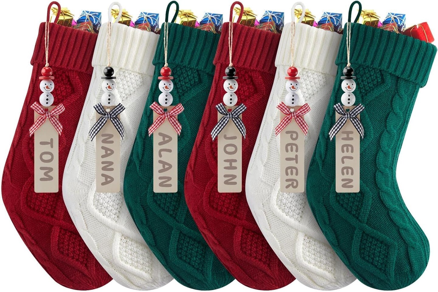 Personalized Christmas Stockings - 18 Inches Hanging Stockings with DIY Snowman Name Tags, 6 Pack Large Size Knitted Stockings for Mantels, Christmas Tree Family Holiday Decor, Red Green White