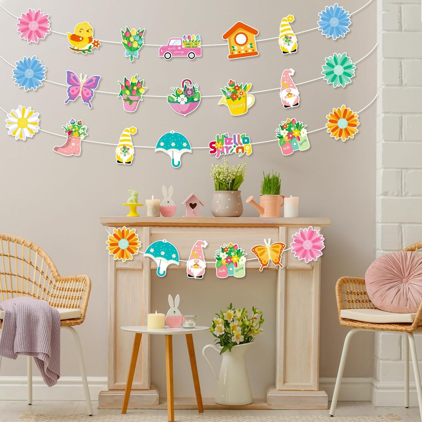 9ft 4 Pcs Hello Spring Banner Colorful Felt Flower Garlands Spring Party Hanging Decorations Daisy Butterfly Gnome Banner Garlands for Easter Office Home Wall Fireplace Window Tree Decor