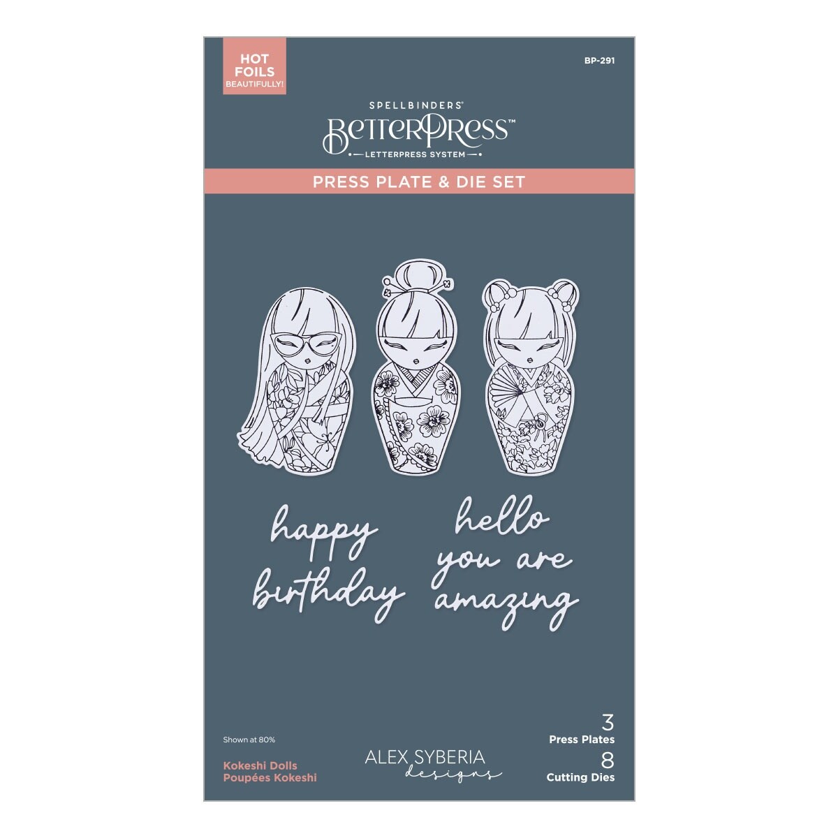 Spellbinders BetterPress Plate & Die By Alex Syberia Designs-Kokeshi Dolls, Spring In Kyoto