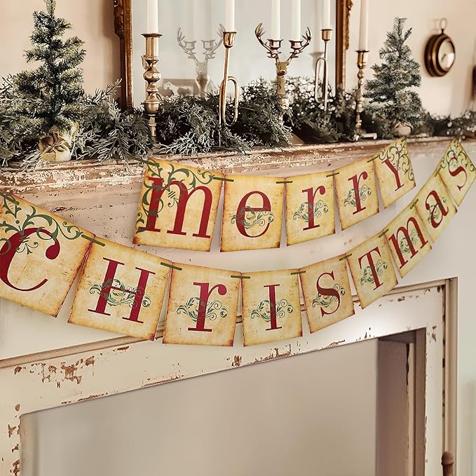 Christmas Decorations - Vintage Merry Christmas Banner - Retro Nostalgic Traditional Old Fashioned Victorian Xmas Holiday Decor for Indoor Home Office Fireplace Mantle Farmhouse