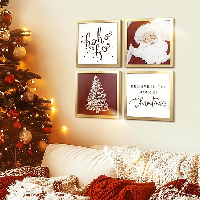 ArtbyHannah Framed Christmas Wall Art, Santa Claus Christmas Wall Decor, 4 Pack 10x10 Inch Christmas Pictures Wall Decor with Red White Wall Christmas Tree, Indoor Christmas Decorations for Home