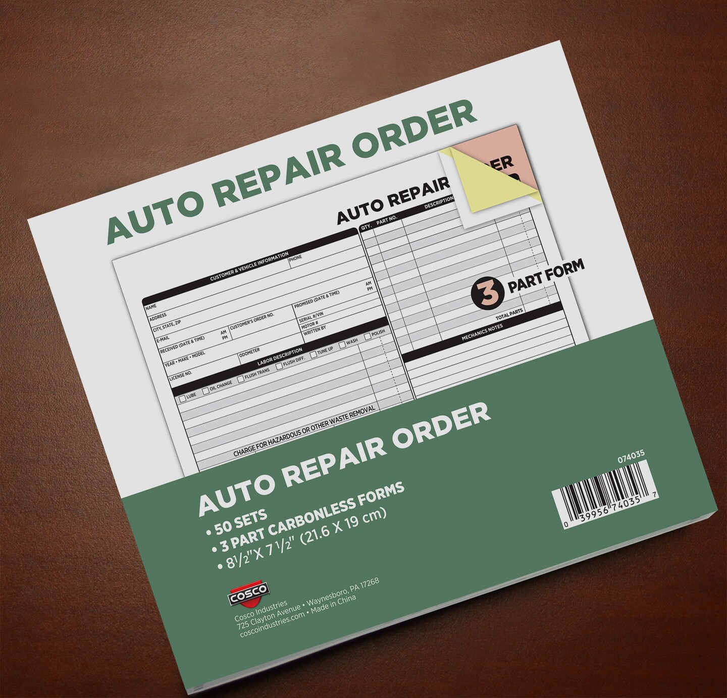 COSCO Auto Repair Order Forms, 3-Part, Carbonless, 50-Pack, White and Canary