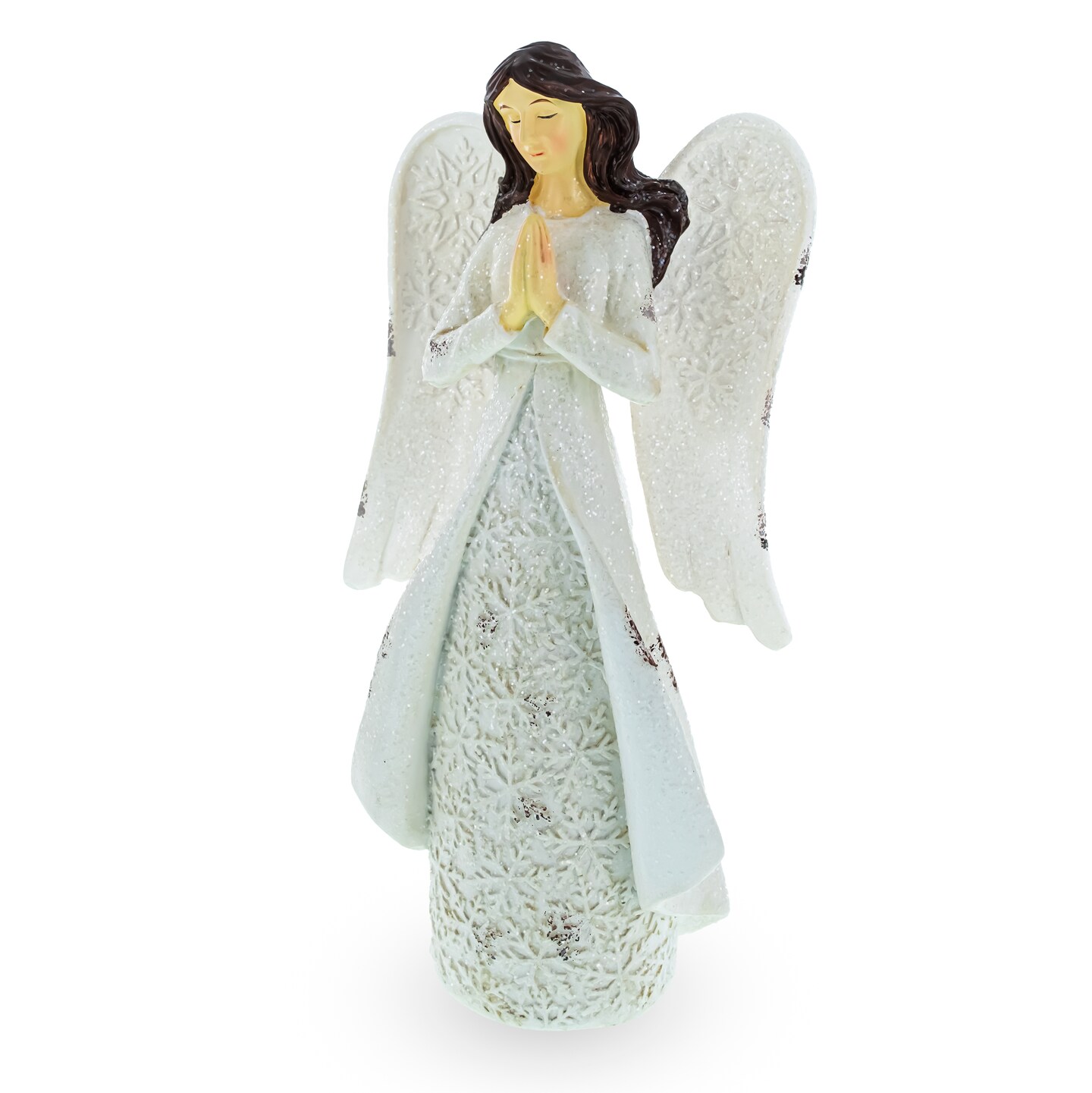 Serene Praying Angel in Snowflakes Dress Figurine