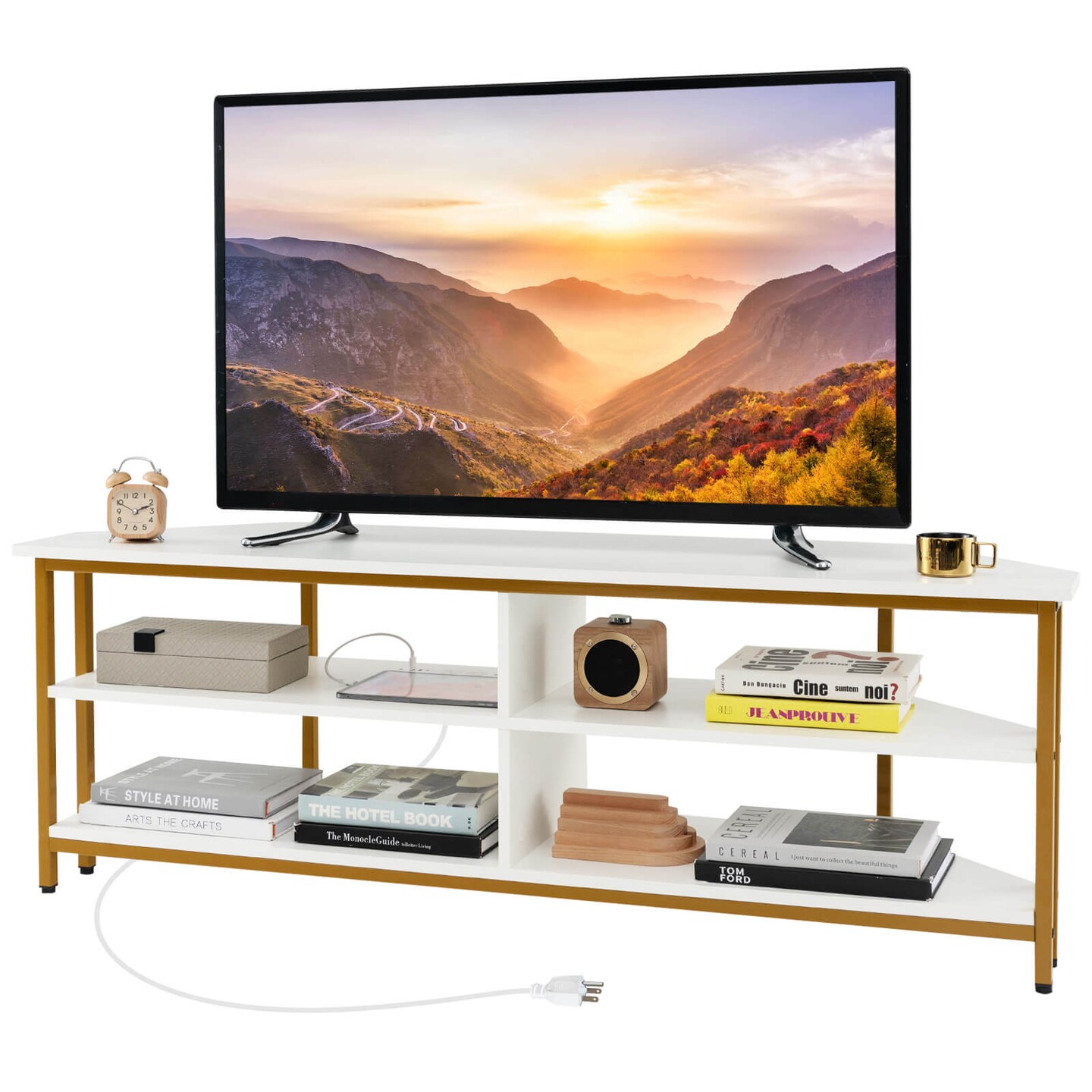 Costway Corner TV Stand for TVs up to 65&#x22; TV Console Table with AC Outlets&#x26;USB A Ports Rustic Brown/Black/White