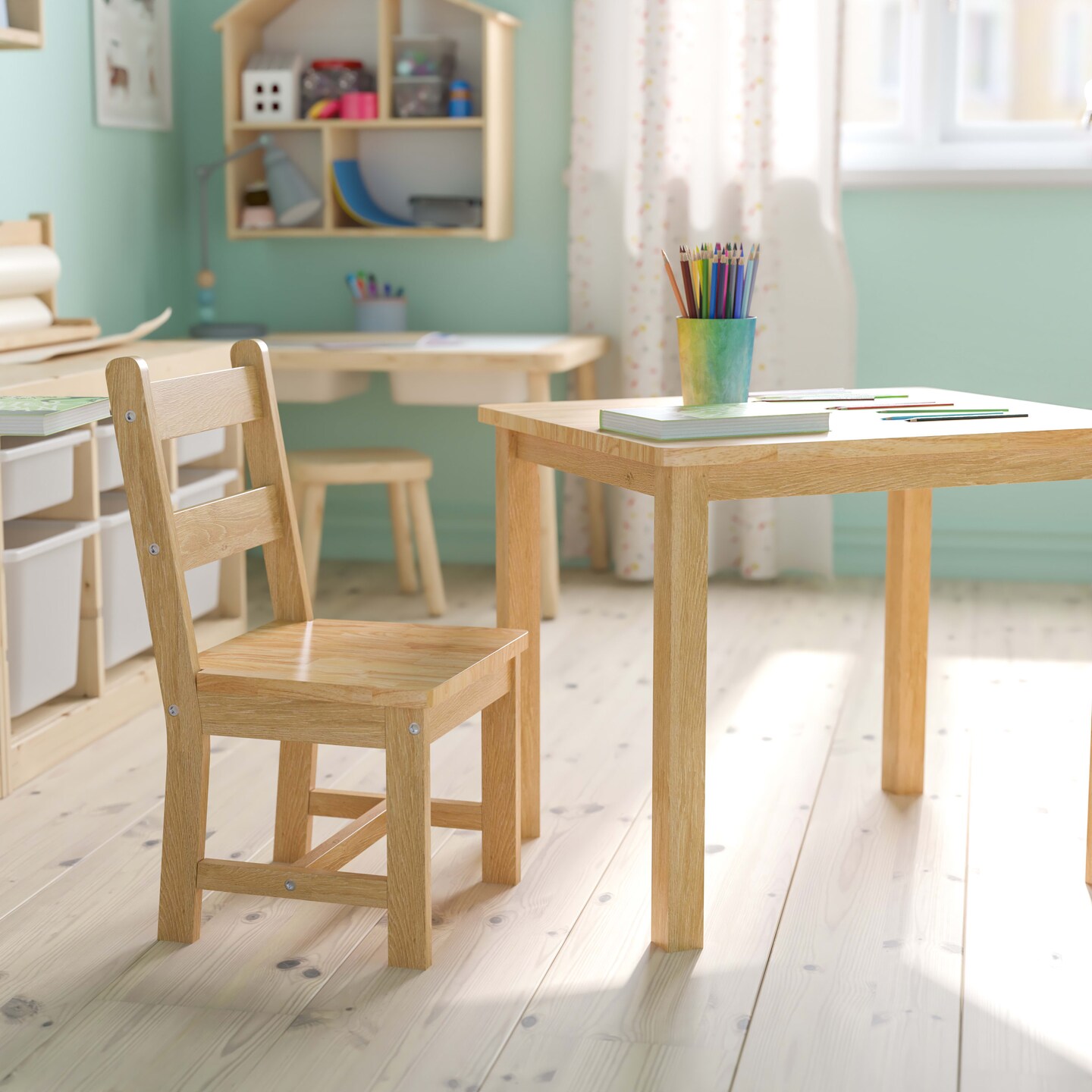 Emma and Oliver Kids 3 Piece Solid Hardwood Table and Chair Set for Playroom, Kitchen