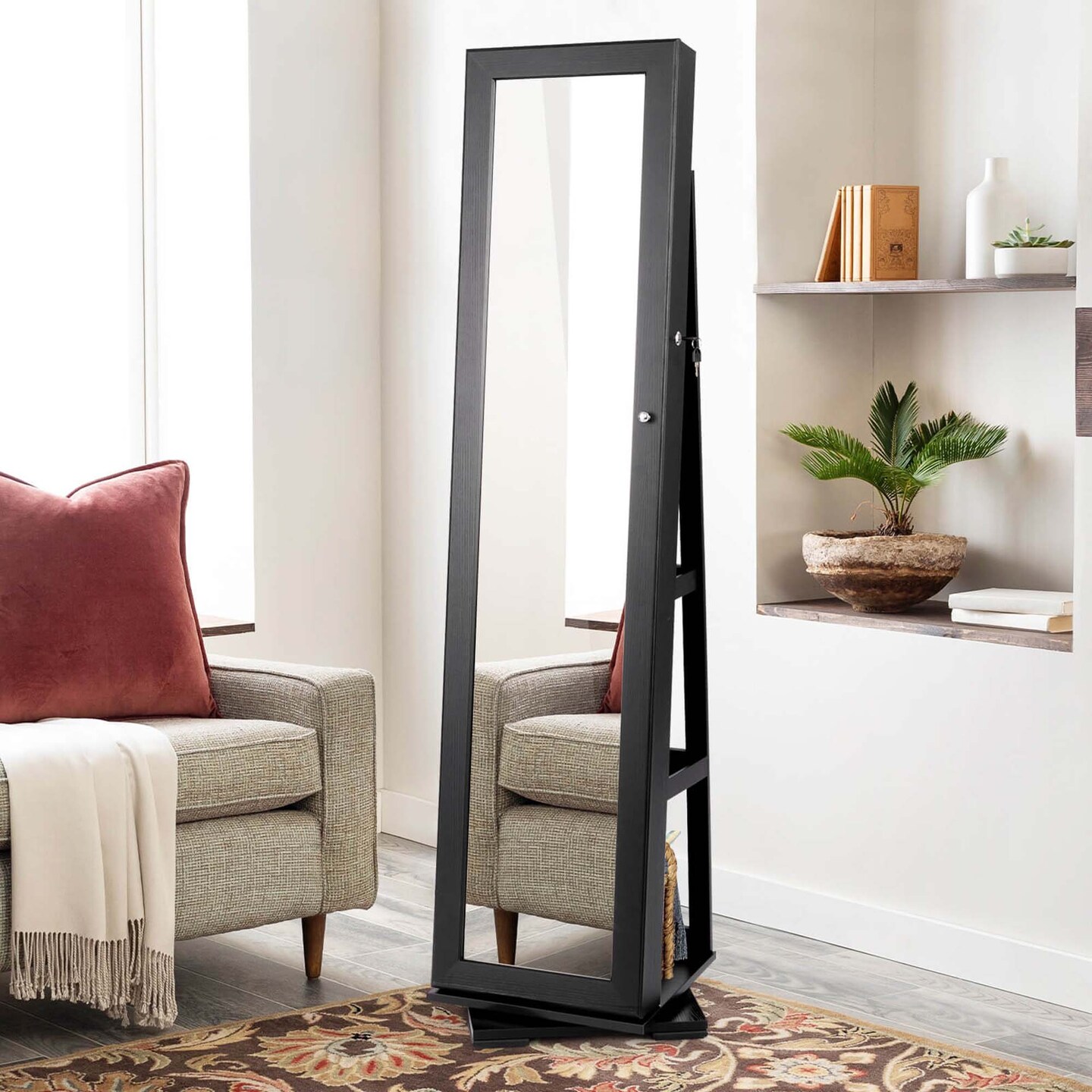 Costway 360degree Rotatable Jewelry Cabinet 2-in-1 Lockable Mirrored Organizer White/Black/Dark Brown/Gray/Blue/Pink/Purple/Dark Gray