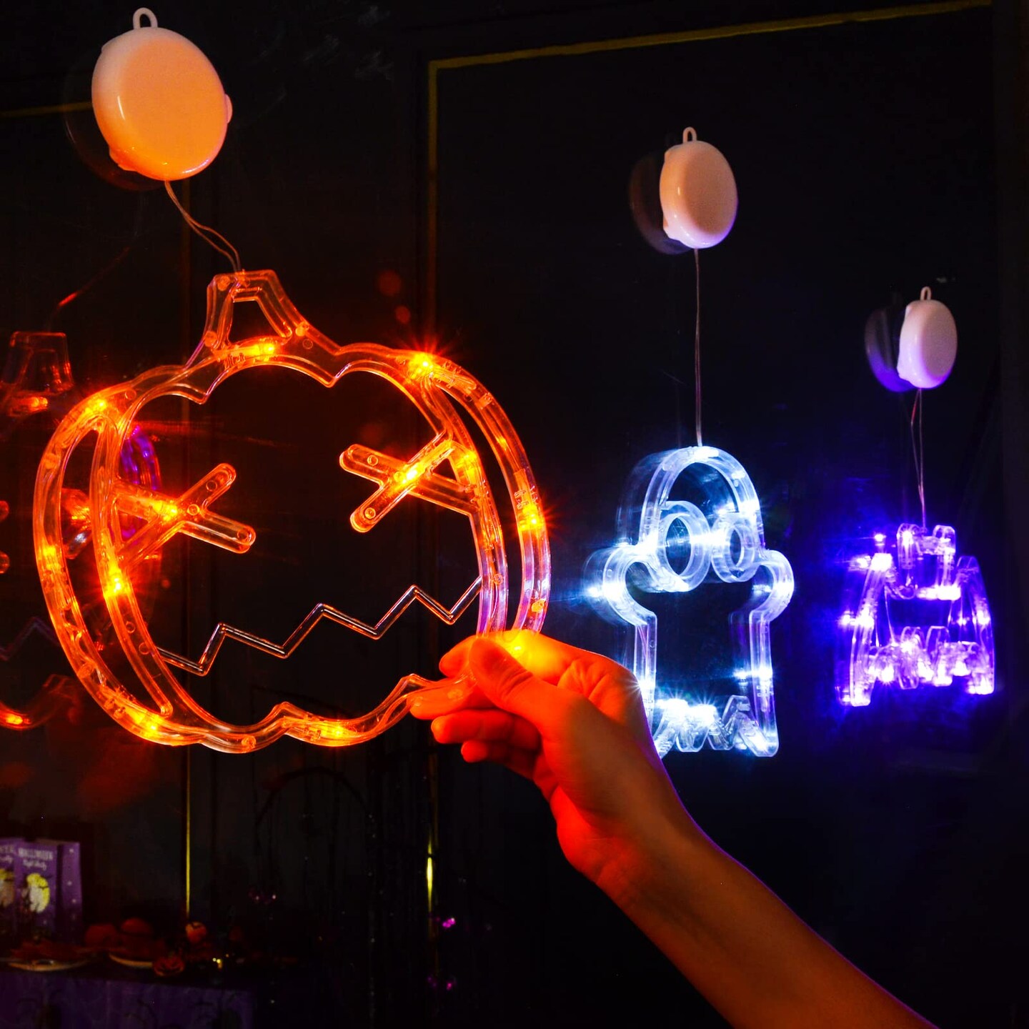 3 Pieces Halloween Decorations Orange Pumpkin, White Ghost, Purple Bat Halloween Window Lights with Suction Cup, Battery Operated Halloween Lights, Upgrade Slow Fade Mode and Timer Function