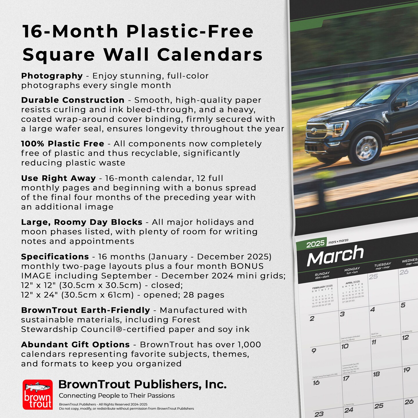 Ford F150 Trucks OFFICIAL | 2025 12 x 24 Inch Monthly Square Wall Calendar | Plastic-Free | BrownTrout | Automotive Manufacturer F-Series