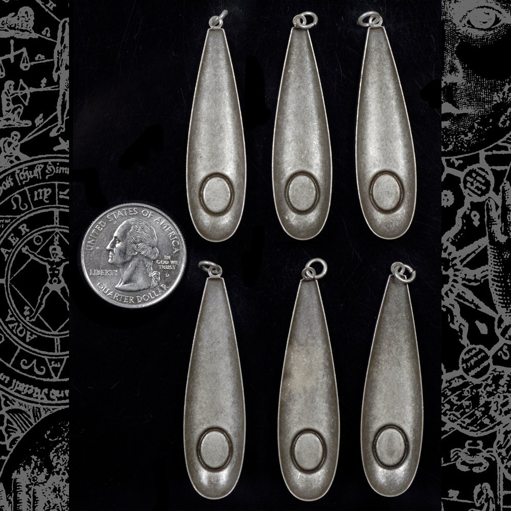 Teardrop Antiqued Silver Plated Brass Drops with Embedded 8mm x 6mm Cameo or Cabochon Frames - Set of Six - S-F24