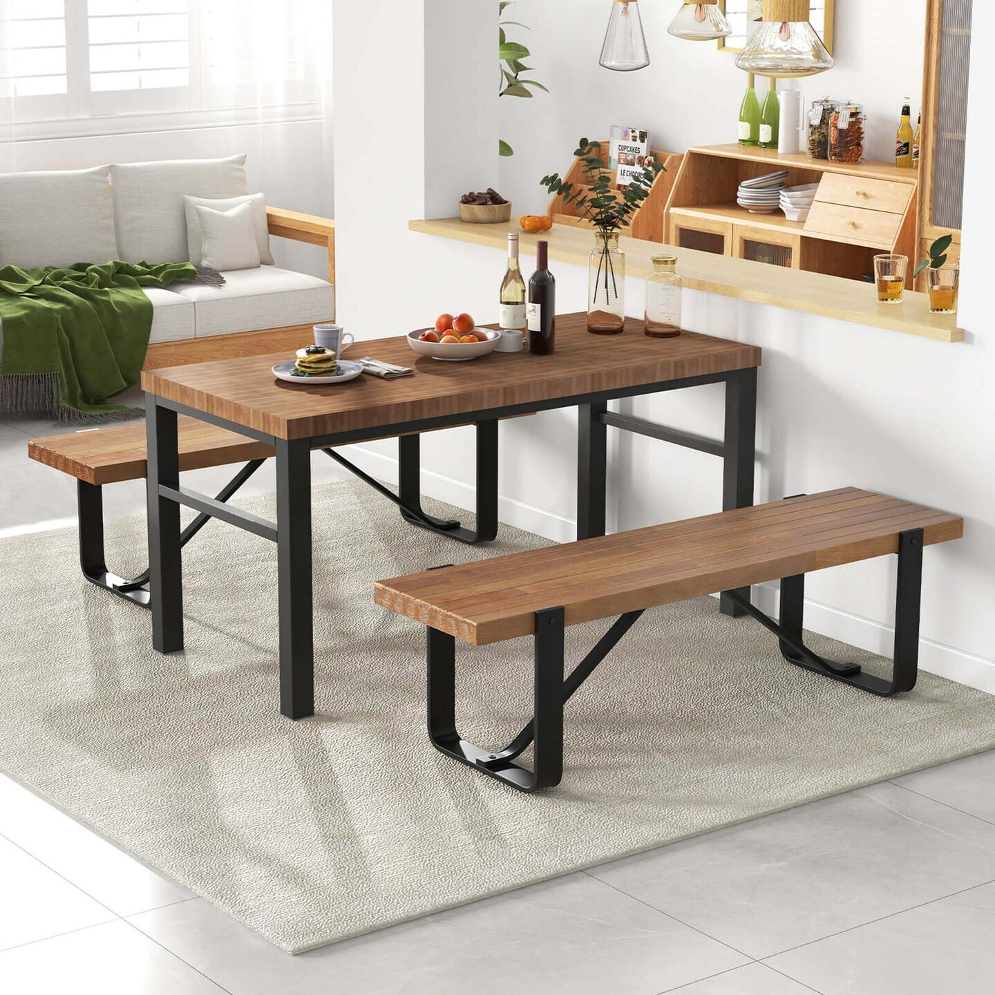 Costway 60" Long Hallway Bench Entryway Bench with Metal Frame Farmhouse Wooden Shoe Rack