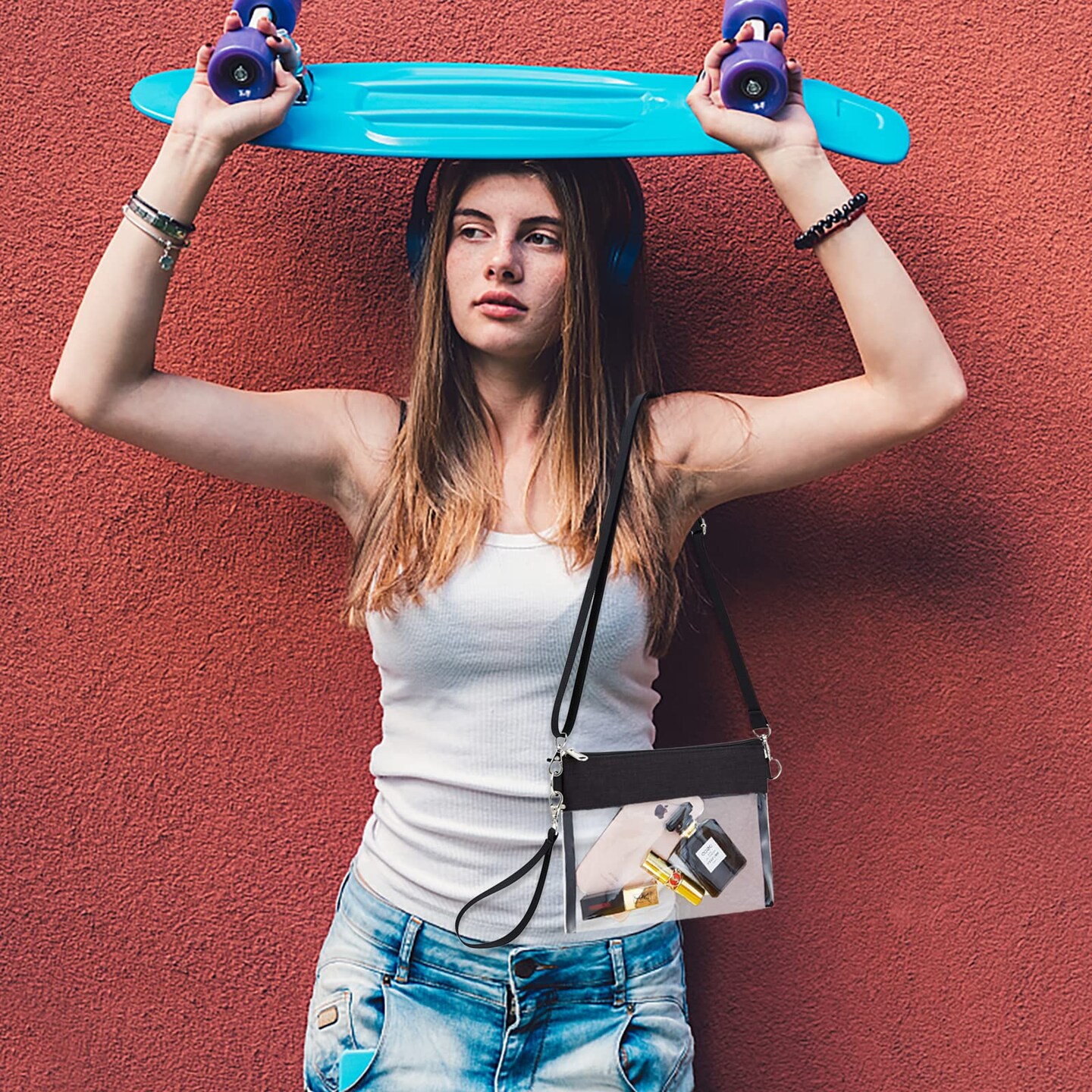 Clear Crossbody Purse Bag Stadium Approved Clear Tote Bag for Work Concert Sports(Black)