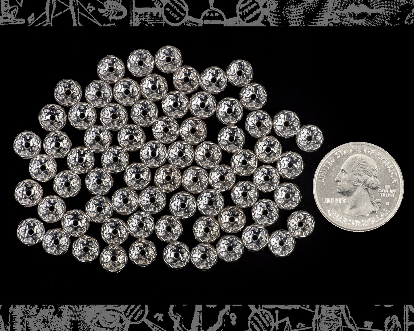 White Rhinestone 7mm Silver Cap or Spacer Beads - Set of Thirty-Six - XXX - ZS-BC04