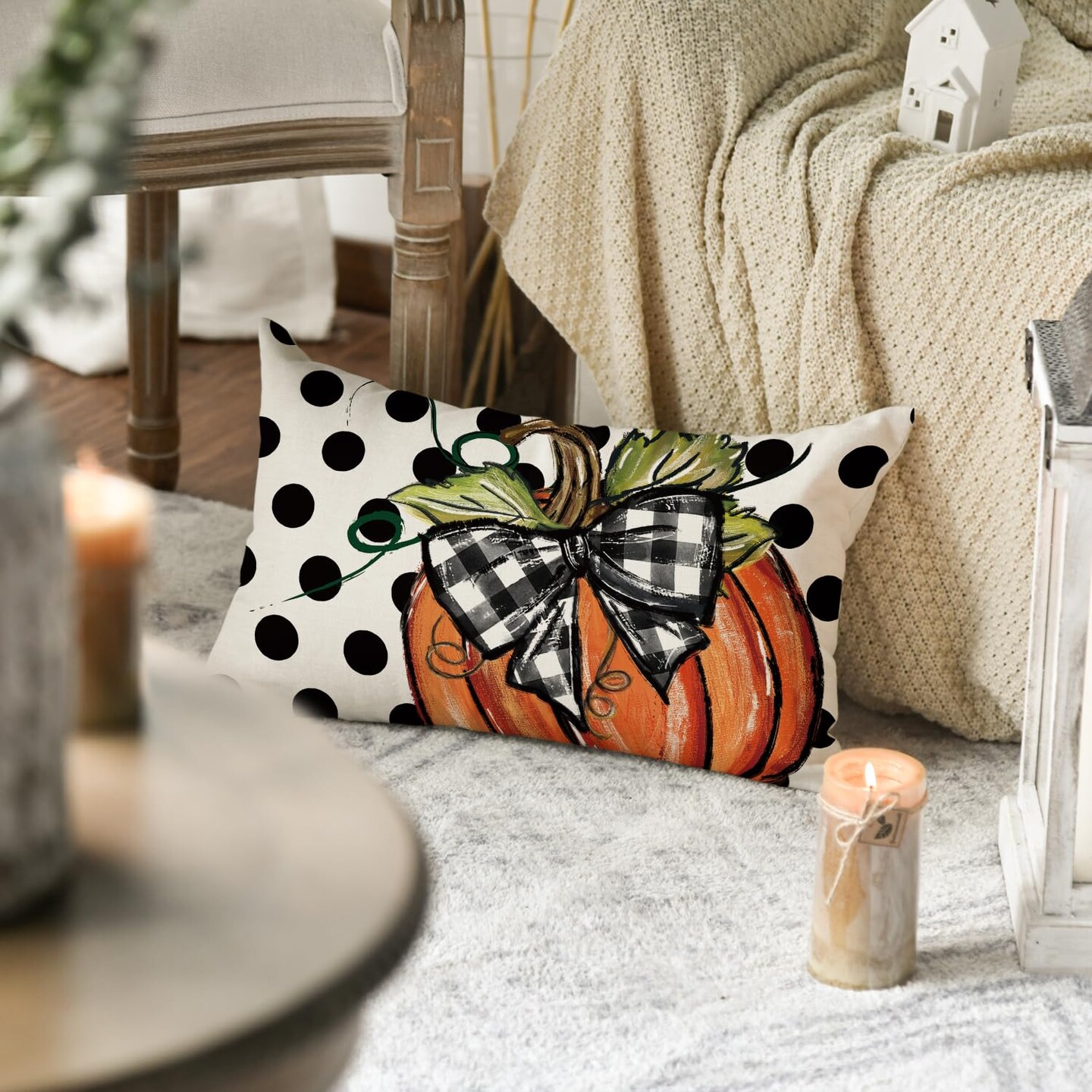 Fall Polka Dot Pumpkin Throw Pillow Cover 12x20 Inch, Seasonal Autumn Thanksgiving Harvest Decoration for Home Sofa Couch