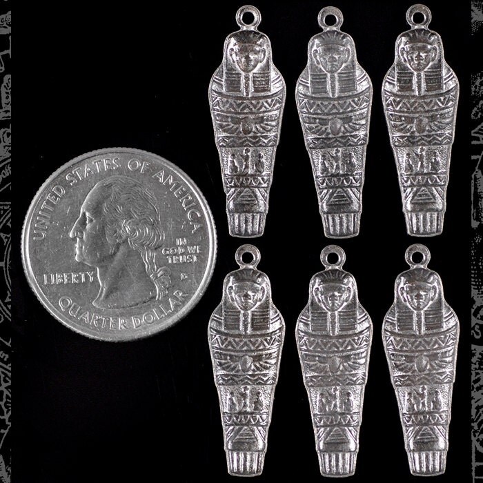 Antiqued Silver Plated Brass Egyptian Mummy Sarcophagus Charms or Pendants - Set of Six - S-C73