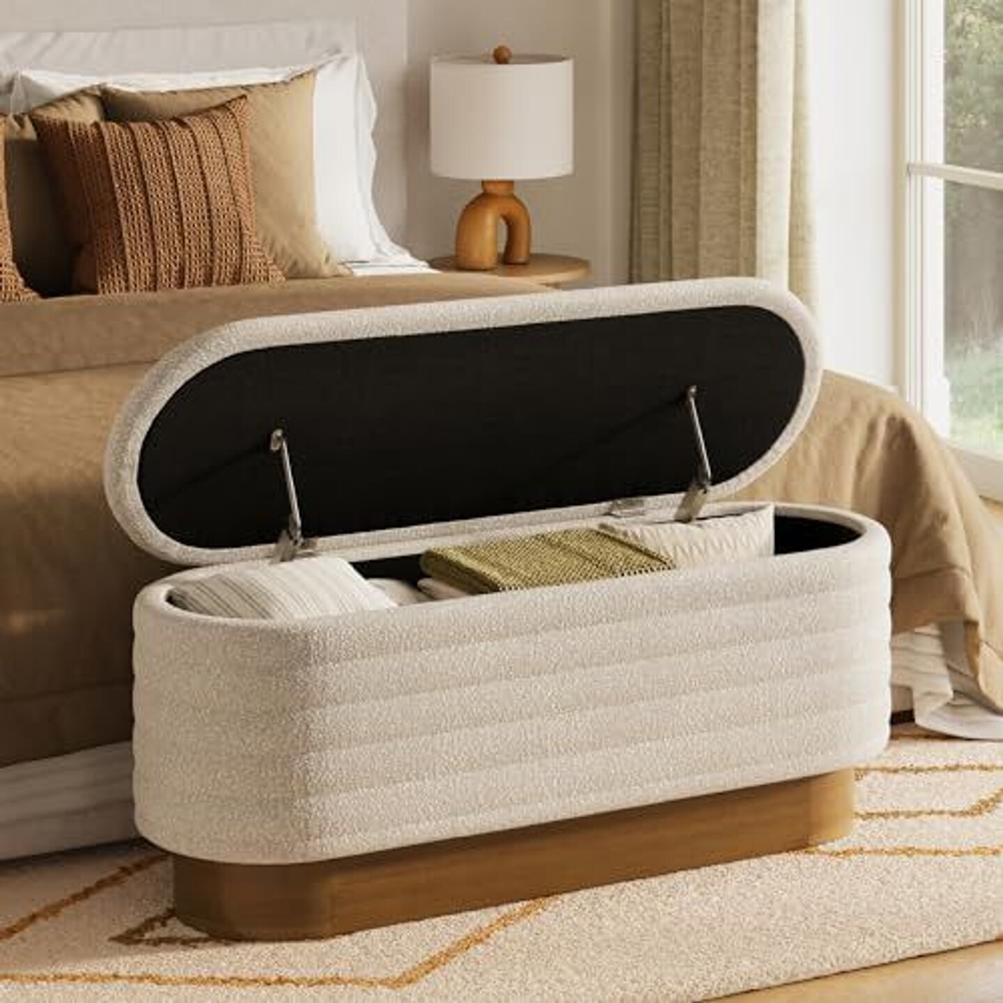 Stead Upholstered Storage Bench, Soft Boucle Bench for Blankets and Keepsakes, Modern Storage Bench for Bedroom, Living Room, and Entryway, Oval Ottoman with Solid Wood Base, Holds 350 lbs (White)