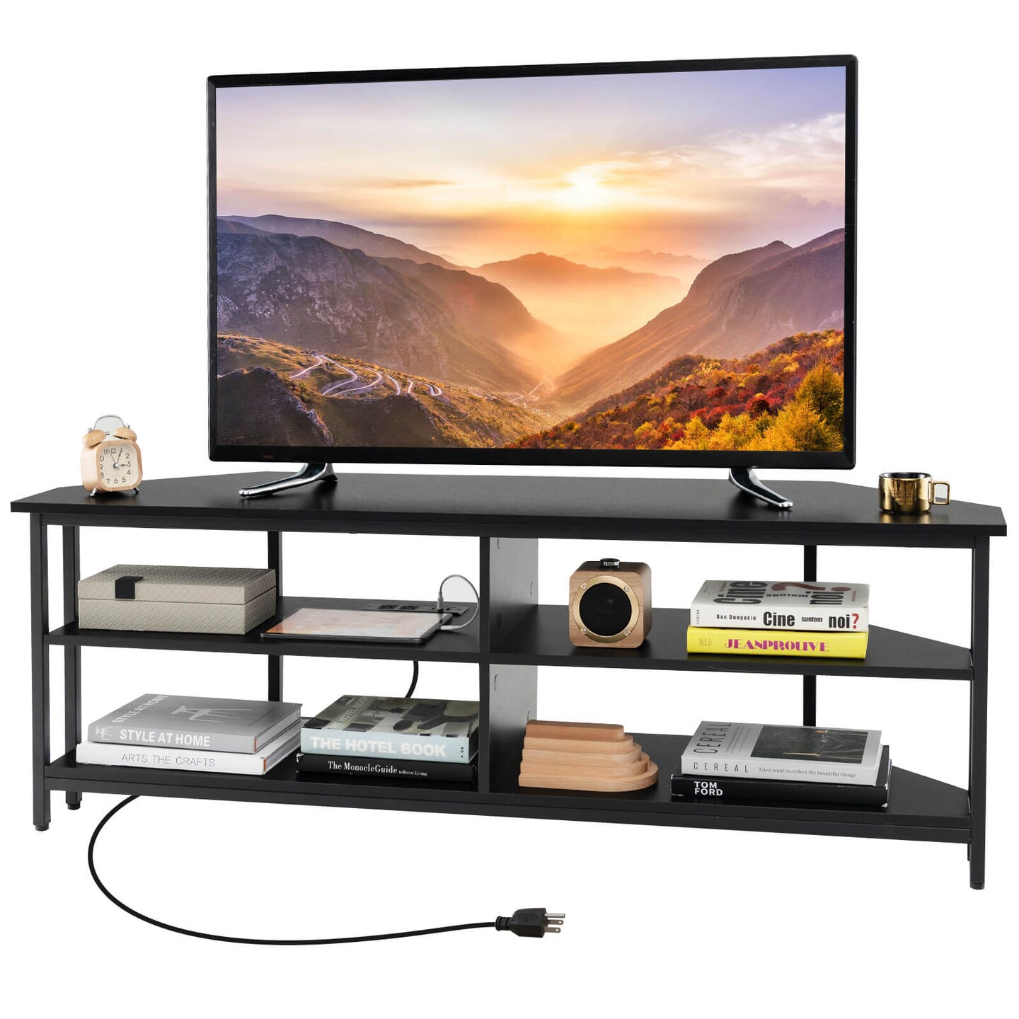 Costway Corner TV Stand for TVs up to 65" TV Console Table with AC Outlets&USB A Ports Rustic Brown/Black/White