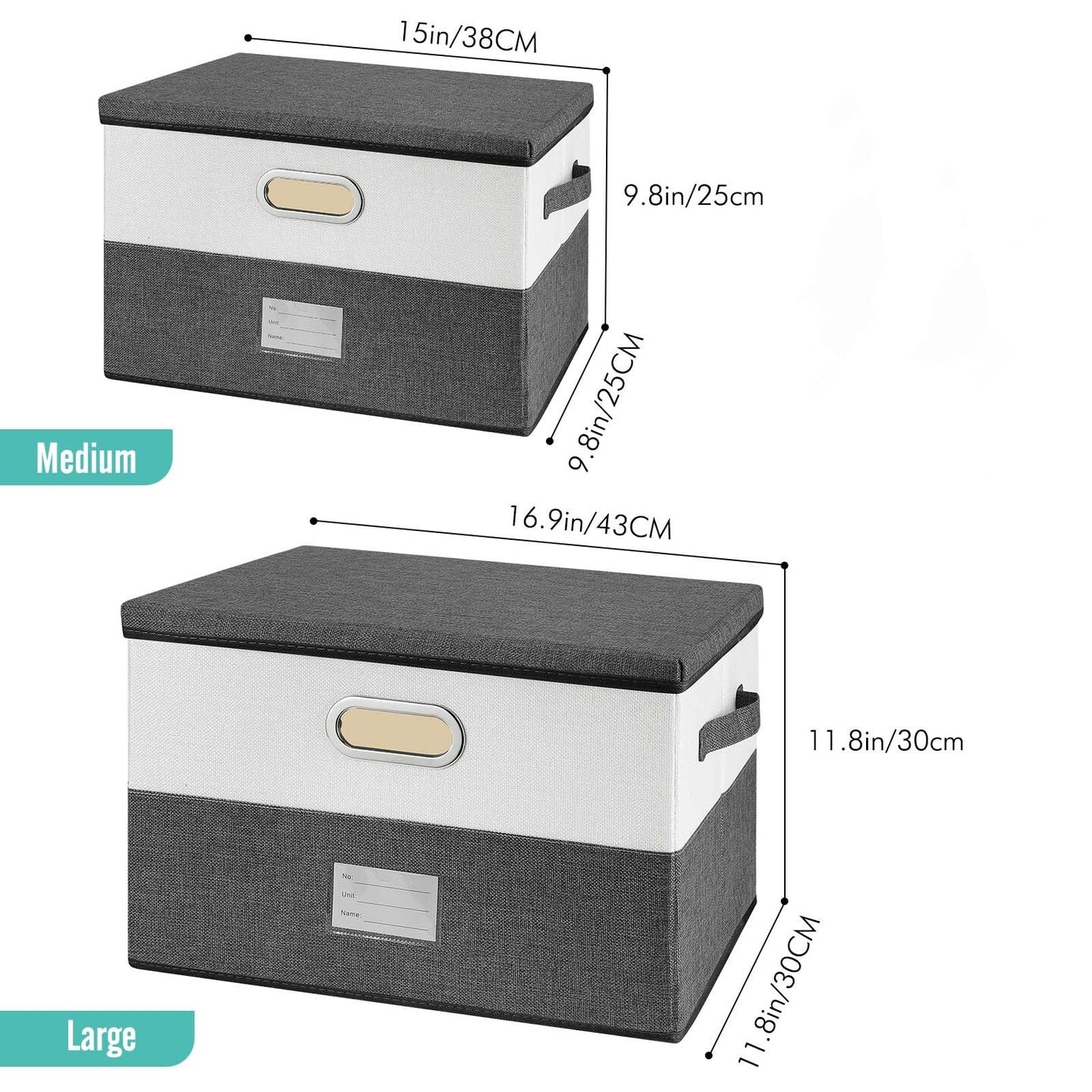 Large Linen Fabric Foldable Storage Bins with Removable Lid and Handles, Washable Storage Box Organizer Containers Baskets Cube with Cover for Bedroom,Closet,Office (Turquoise&#x26;Cream, Medium)