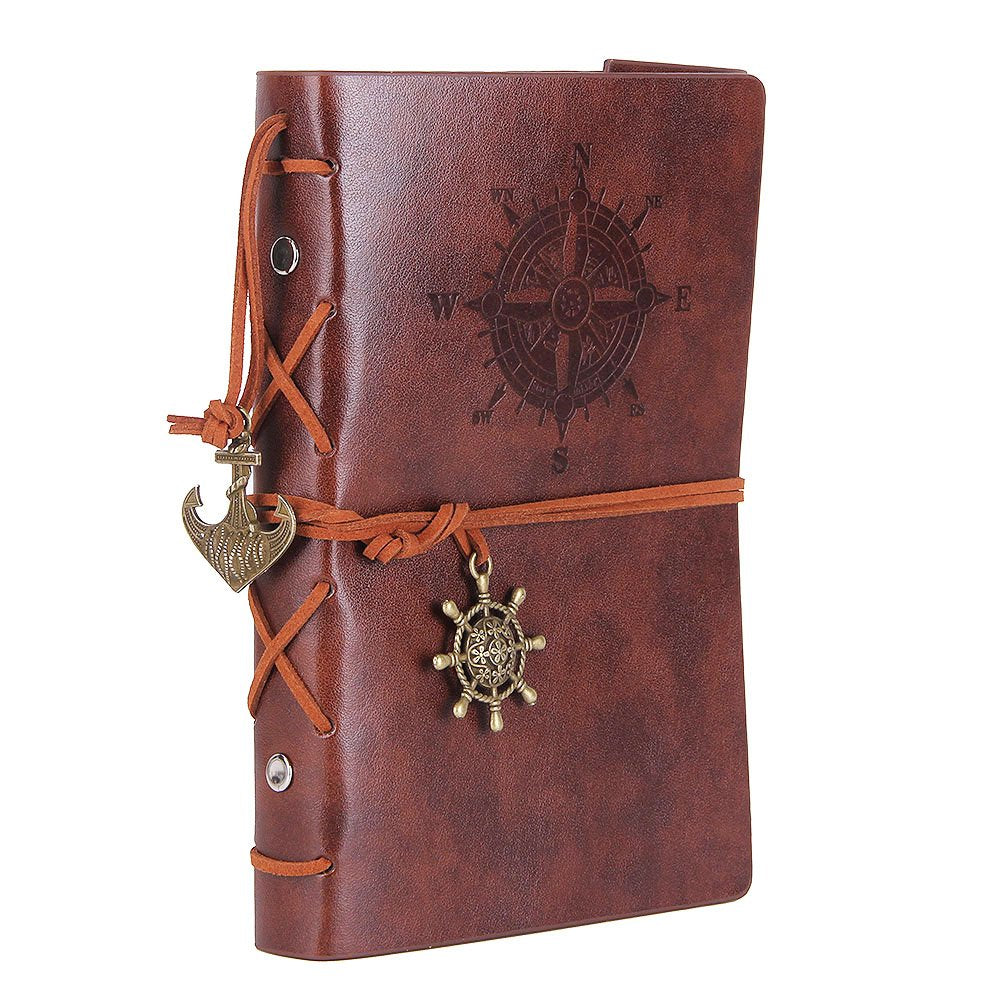 EvZ Leather Writing Journal Notebook, 7 Inches Vintage Nautical Spiral Blank String Diary Notepad Sketchbook Travel to Write in, Unlined Paper, Retro Pendants, Classic Embossed, Retro Coffee