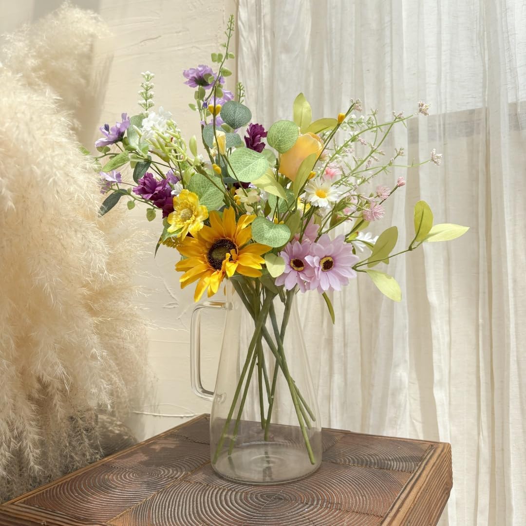 Artificial Wildflowers Bouquet, 8 Bundles Fake Silk Daisy Flowers Arragement,Sunflowers Colorful Summer Floral Stems for Vases Indoor Outdoor Decor Wedding Centerpieces