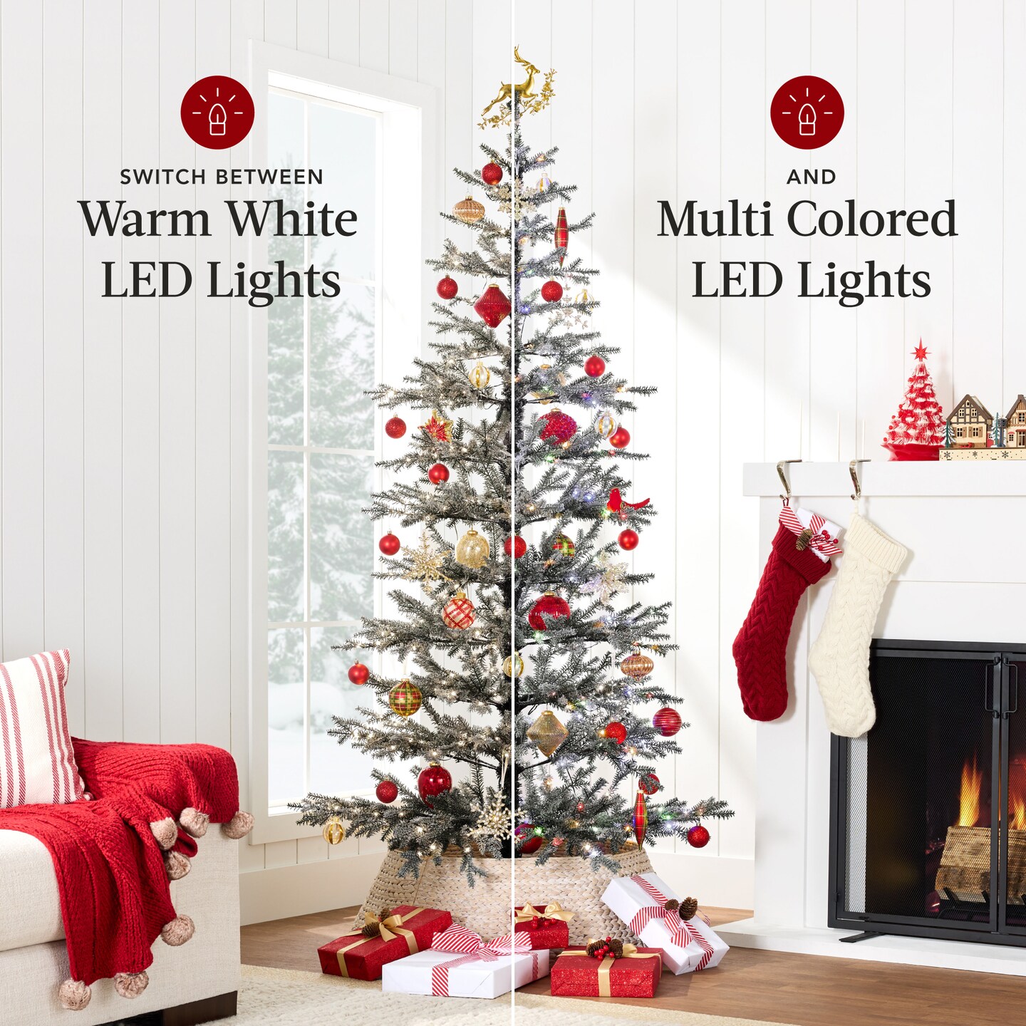Best Choice Products Pre-Lit Flocked Sparse Christmas Tree Artificial Pine Tree, w/White & Multicolored LED Lights - Black