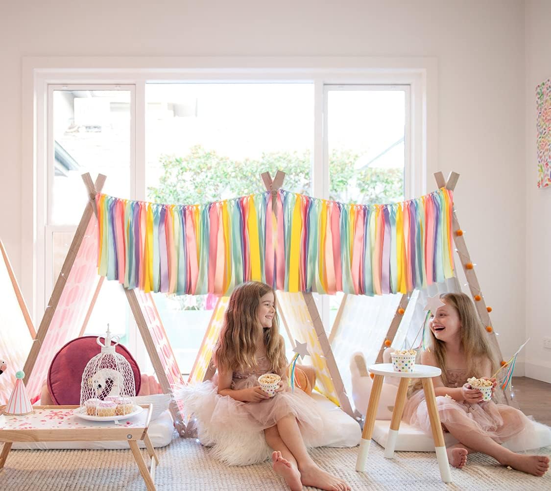 Pastel Rainbow Ribbon Tassel Garland Colorful Fabric Banner Hanging Patry Decoration Backdrop for Baby Shower, Highchair, Birthday Macron Banner Backdrop Decor 40 Inches(L) X 14 Inches(W)