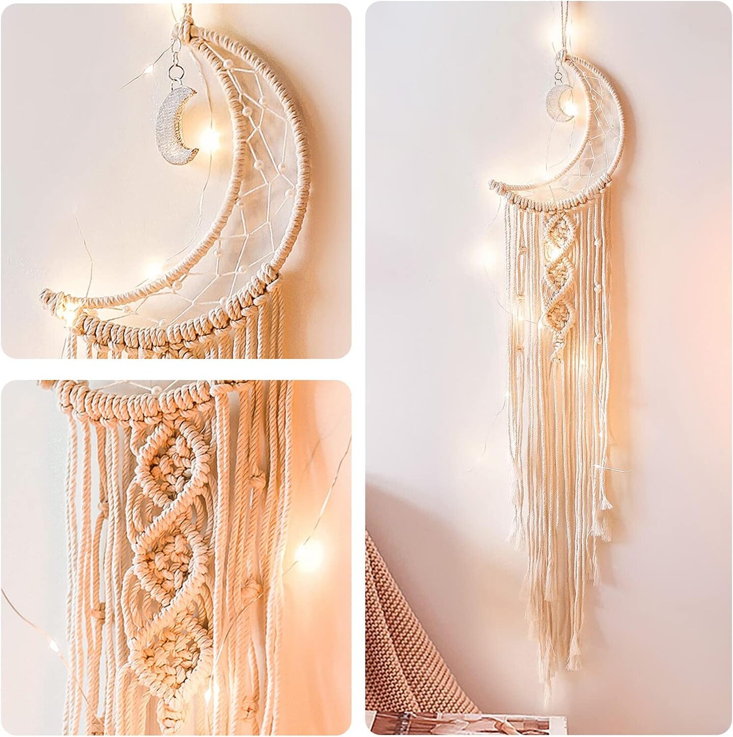 Boho Macrame Woven Wall Hanging, Moon Dream Catcher, Handmade Dream Catchers for Mom, Women, Girls, Woven Wall Hanging Bedroom Decoration (Moon-White)