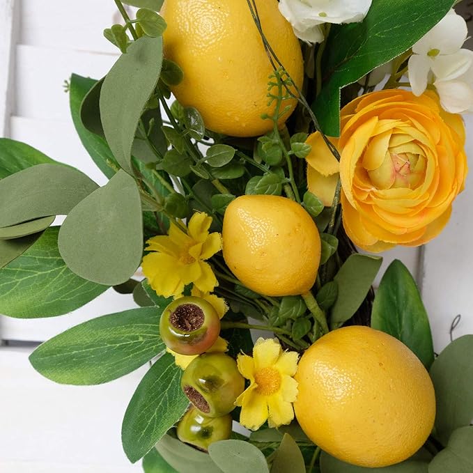 20-Inch Artificial Lemon Wreath for Front Door - Yellow Peony and White Hydrangea Summer Floral Wreath - Grapevine Green Leaves and Berries Wall Decoration for Spring and Summer Farmhouse Home