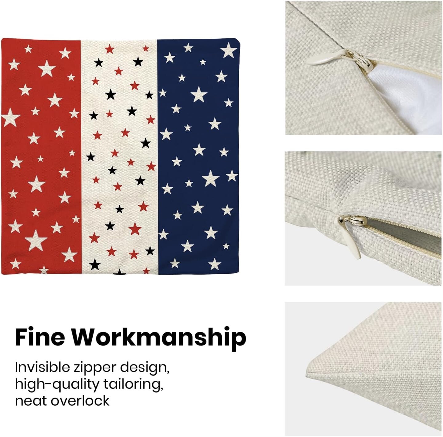 4th of July Pillow Covers 16x16, Set of 2 Patriotic Red, White & Blue Throw Pillow Covers for Indoor & Outdoor Decor, American Flag Linen Cushion Covers for Sofa, Bed, Car