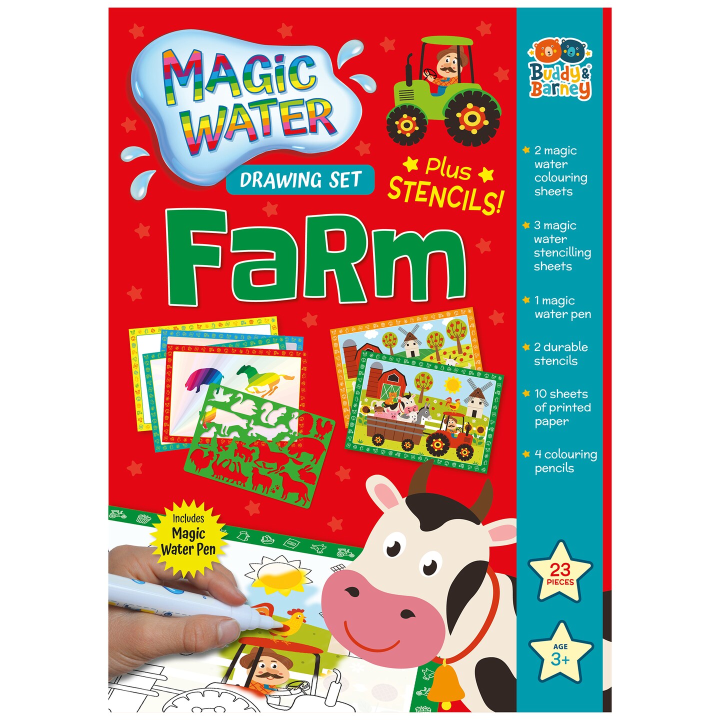 Buddy &#x26; Barney: Magic Water Drawing Set - Farm - Stencils-Magic Pen-Colored Pencils, Printed Paper Art Sheets, Barn Animal Themed Activity, Kids 3+