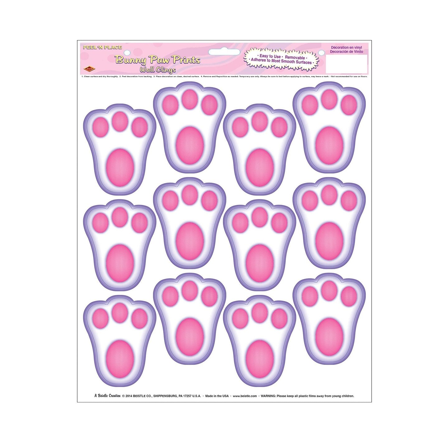 144 Piece Beistle Easter Bunny Paw Prints Peel &#x27;N Place Clings