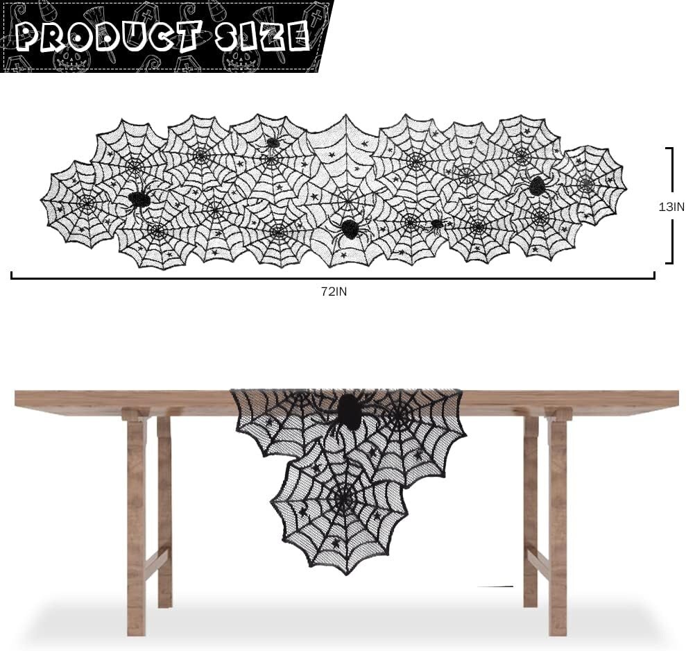 Halloween Decoration Table Runner with 12 Pack 3D Bats, Spider Web Black Lace Table Runner for Kitchen Dinner Table, Halloween Party Decoration Indoor - 13 x 72 Inch