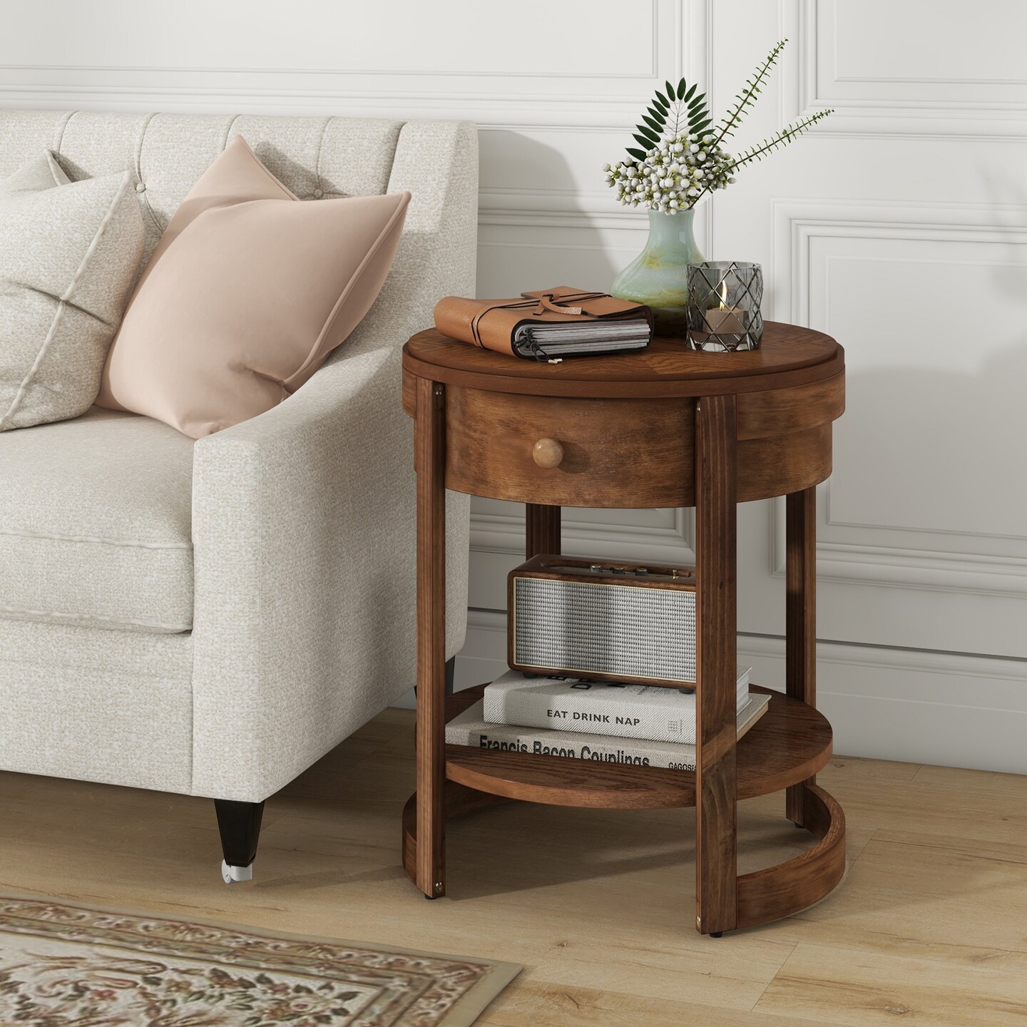 Brown 2-Tier Round Nightstand End Table with Drawer and Shelf - 19.5&#x22; x 19.5&#x22; x 24&#x22;